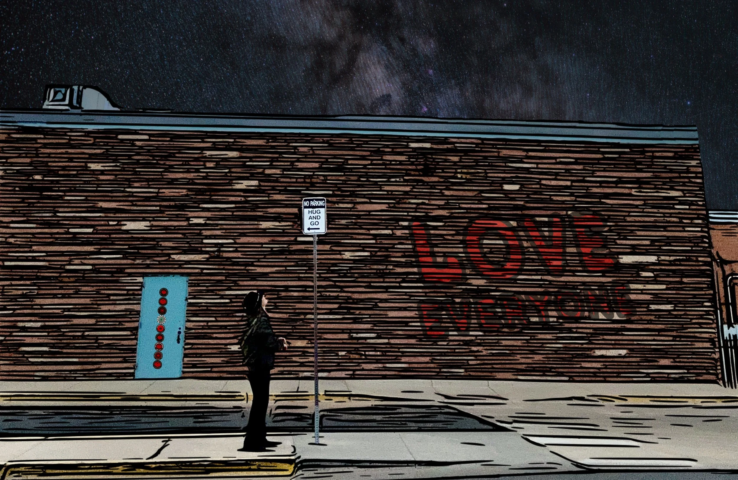 Person standing looking up at a street sign that says no parking, hug and go.  There is a brick building behind with what looks like graffeti saying Love Everyone with a night galaxy sky.