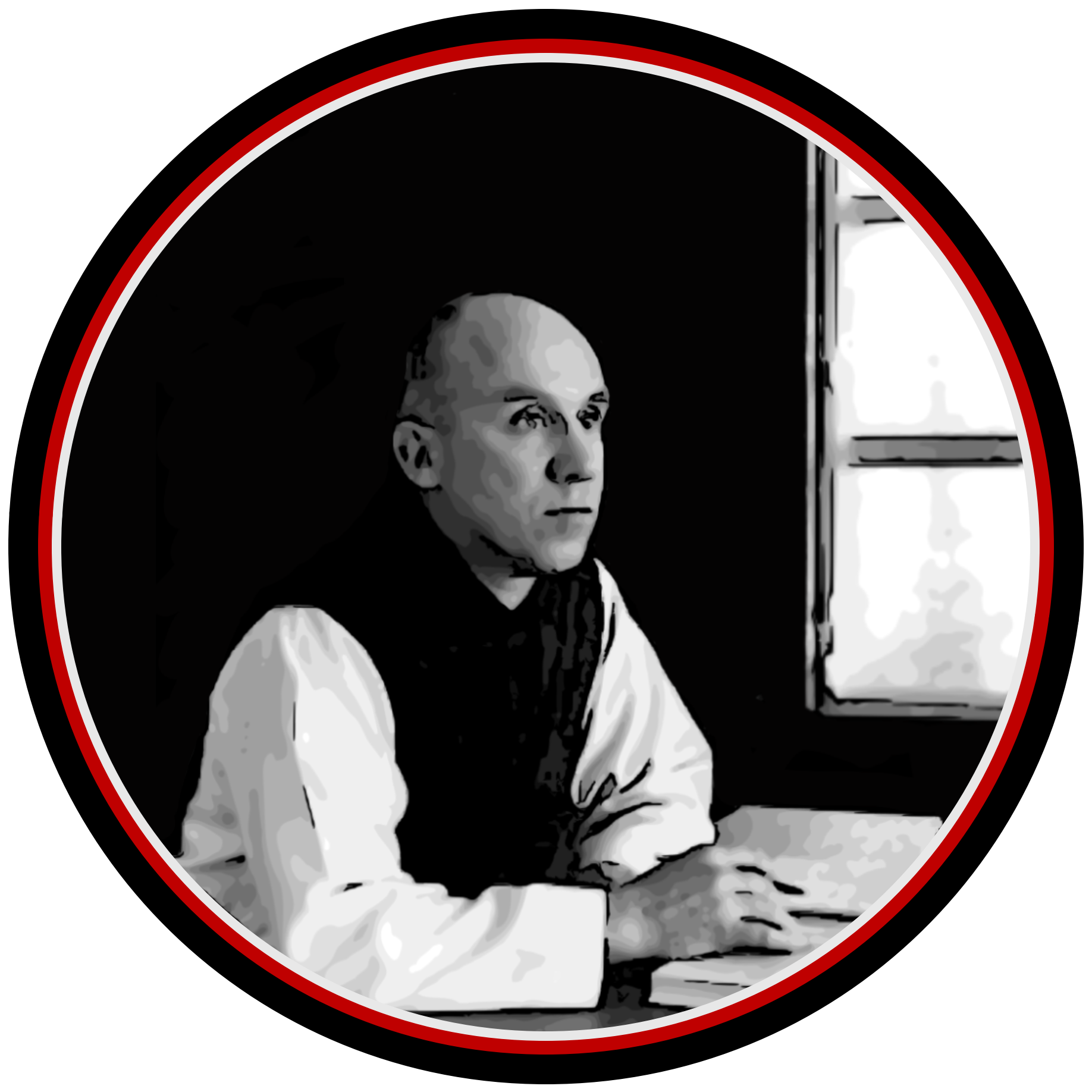Black-and-white illustration of Thomas Merton, sitting with crossed arms, looking off to the side, with a window in the background.