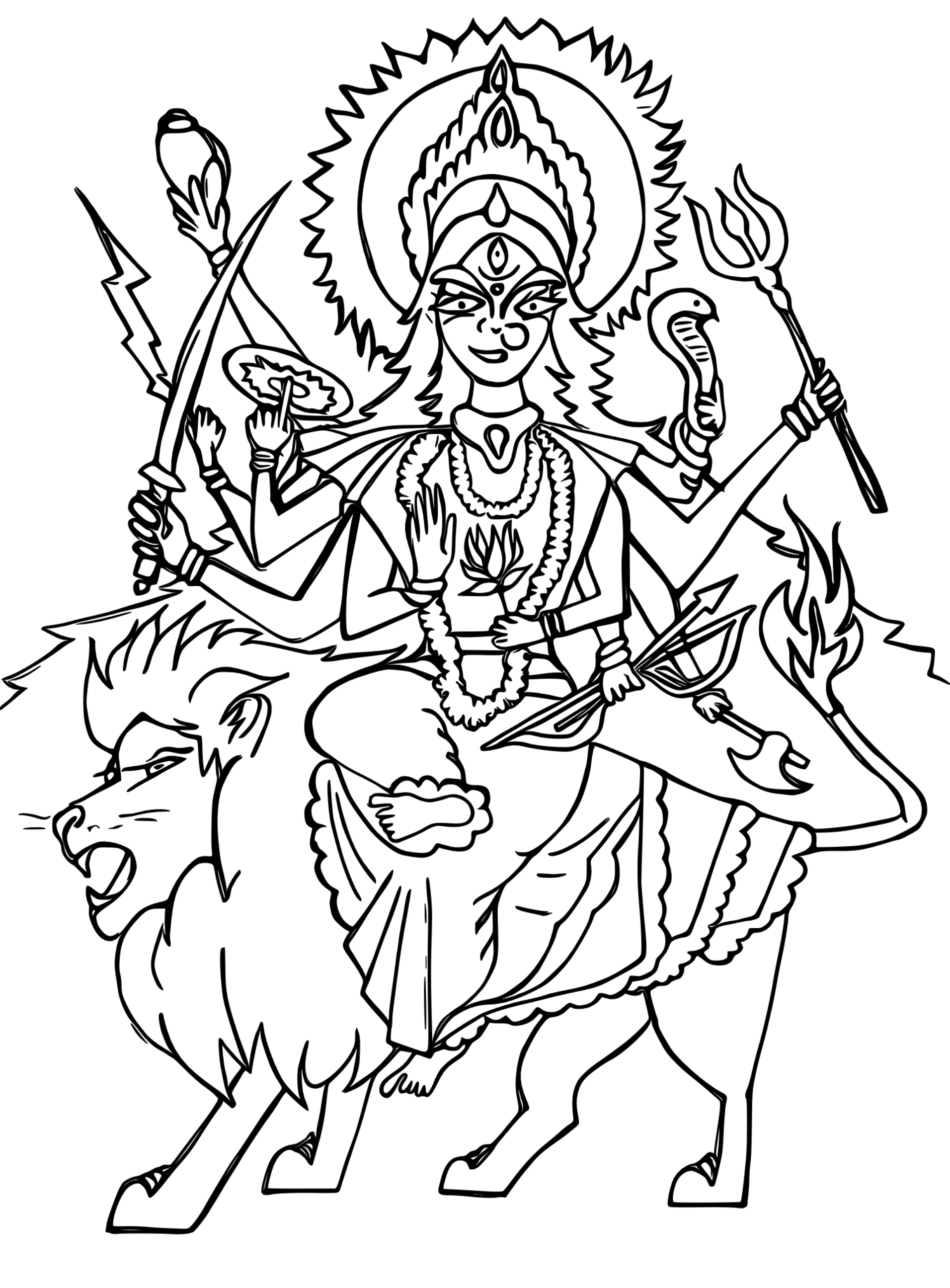 A black and white lined drawing illustration of the Hindu Goddess Ma Durga riding her vahana, a lion.  She has ten arms many of which hold weapons given to her from the Gods.