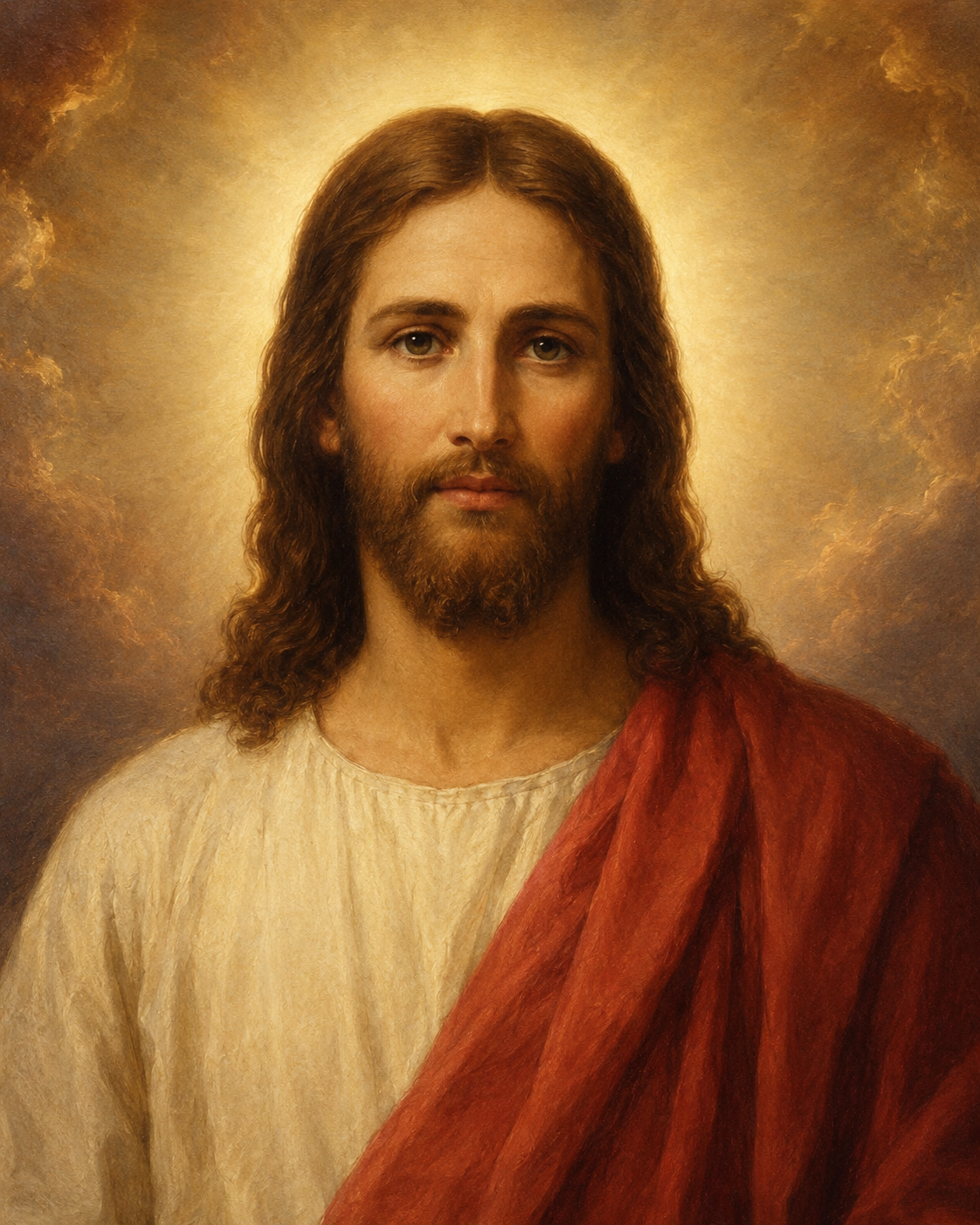 Portrait of Jesus Christ with long hair, beard, glowing halo, wearing a cream-colored robe and red shawl, against a cloudy, golden background.