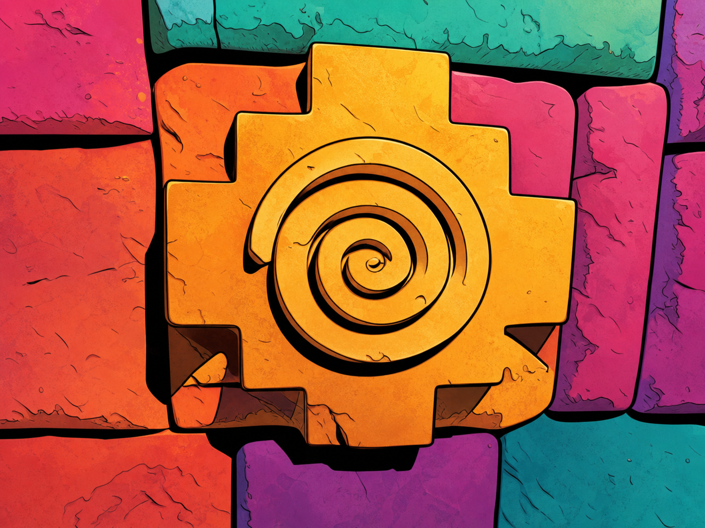 A colorful abstract image featuring a central gold gear, Pachamama,  with a spiral design, surrounded by multicolored rectangular tiles in shades of red, pink, purple, green, and blue.