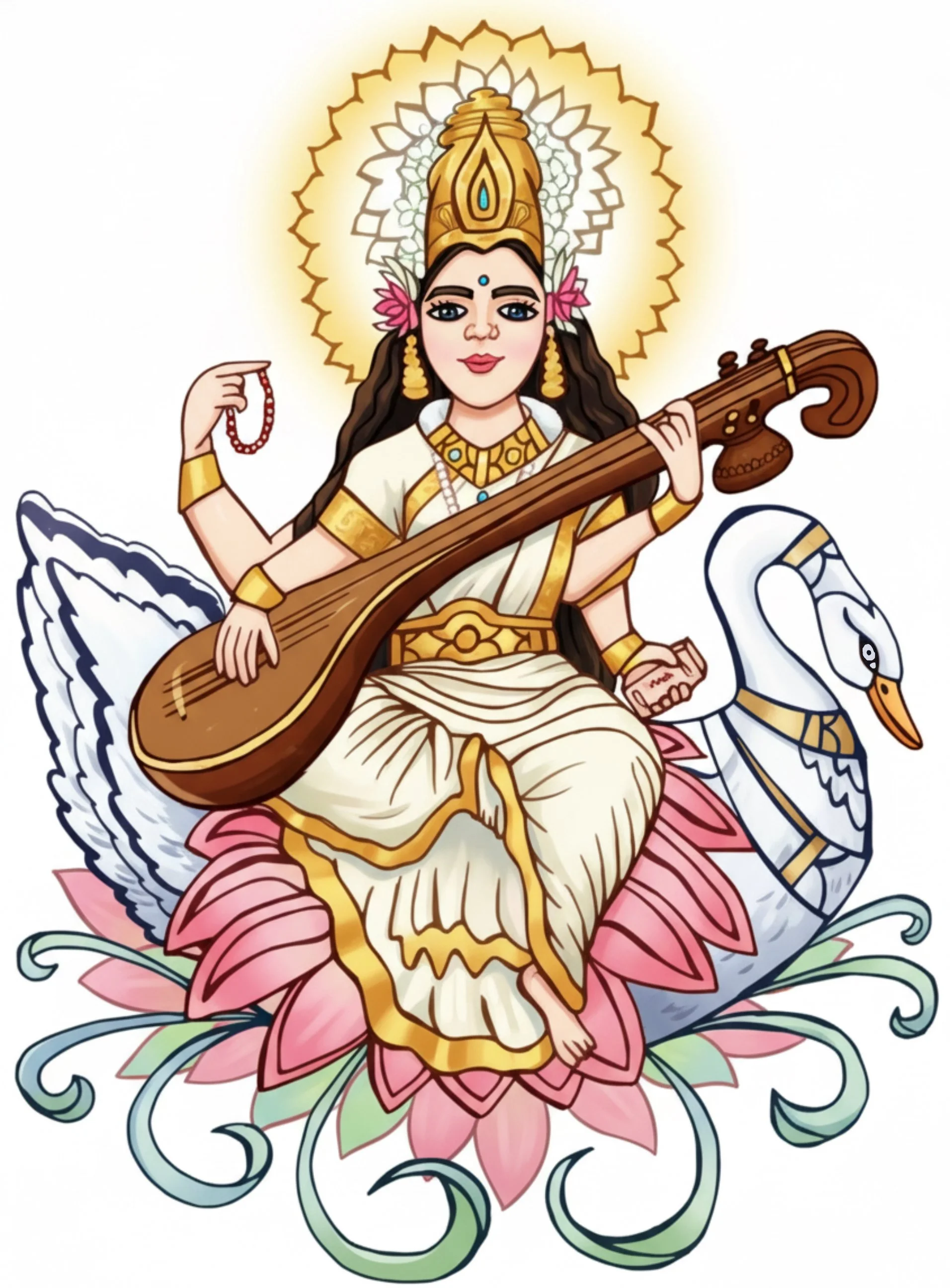 A black and white line drawing illustration of the Hindu Goddess Saraswati playing her veena and riding her vahana, the swan, holding mala and holy book.  Sitting on lotus, colored. 