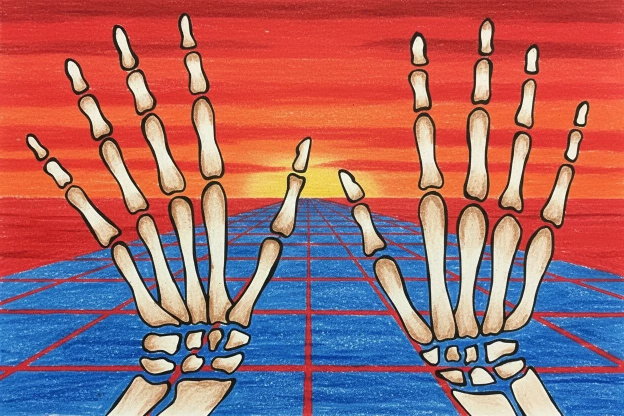 A black and white drawing illustration of a persons hand bones, colored example.