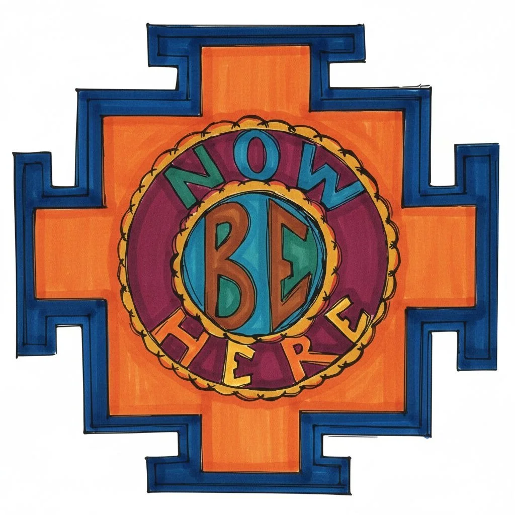 Colorful hand-drawn symbol with the words 'NOW HERE' surrounding a globe with 'BE' in the center, all on an orange and blue cross background.