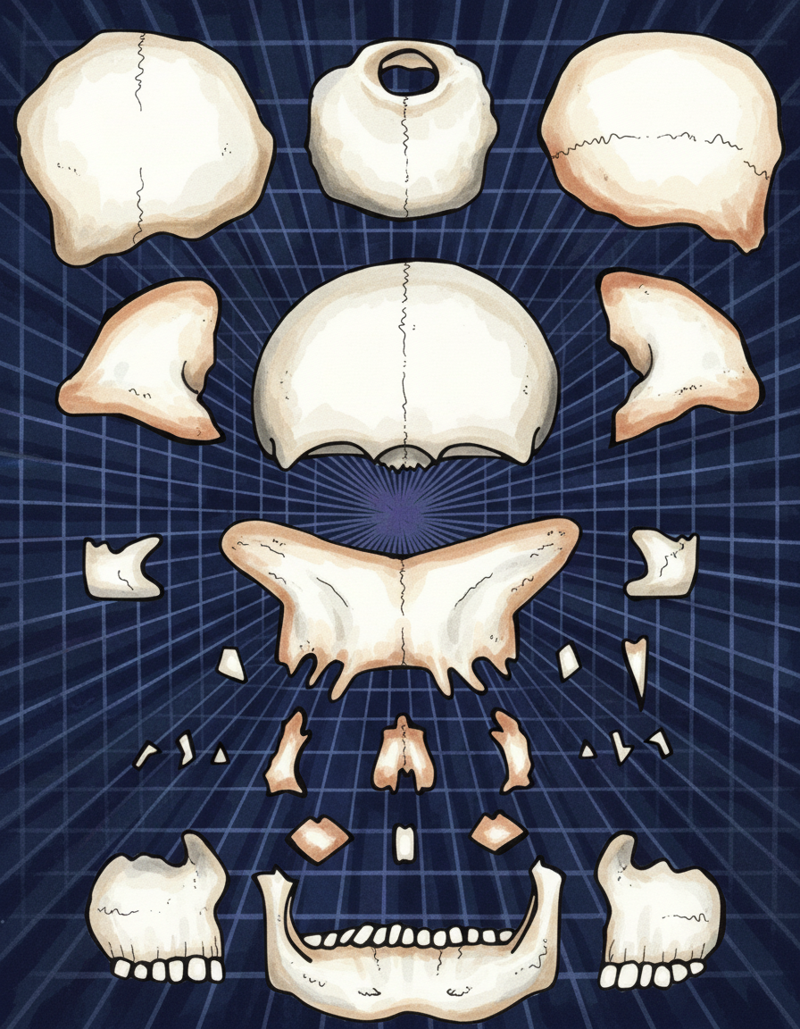 A line drawing of the skull "exploded" in all it's separate pieces, colored example with a blue grid behind it.
