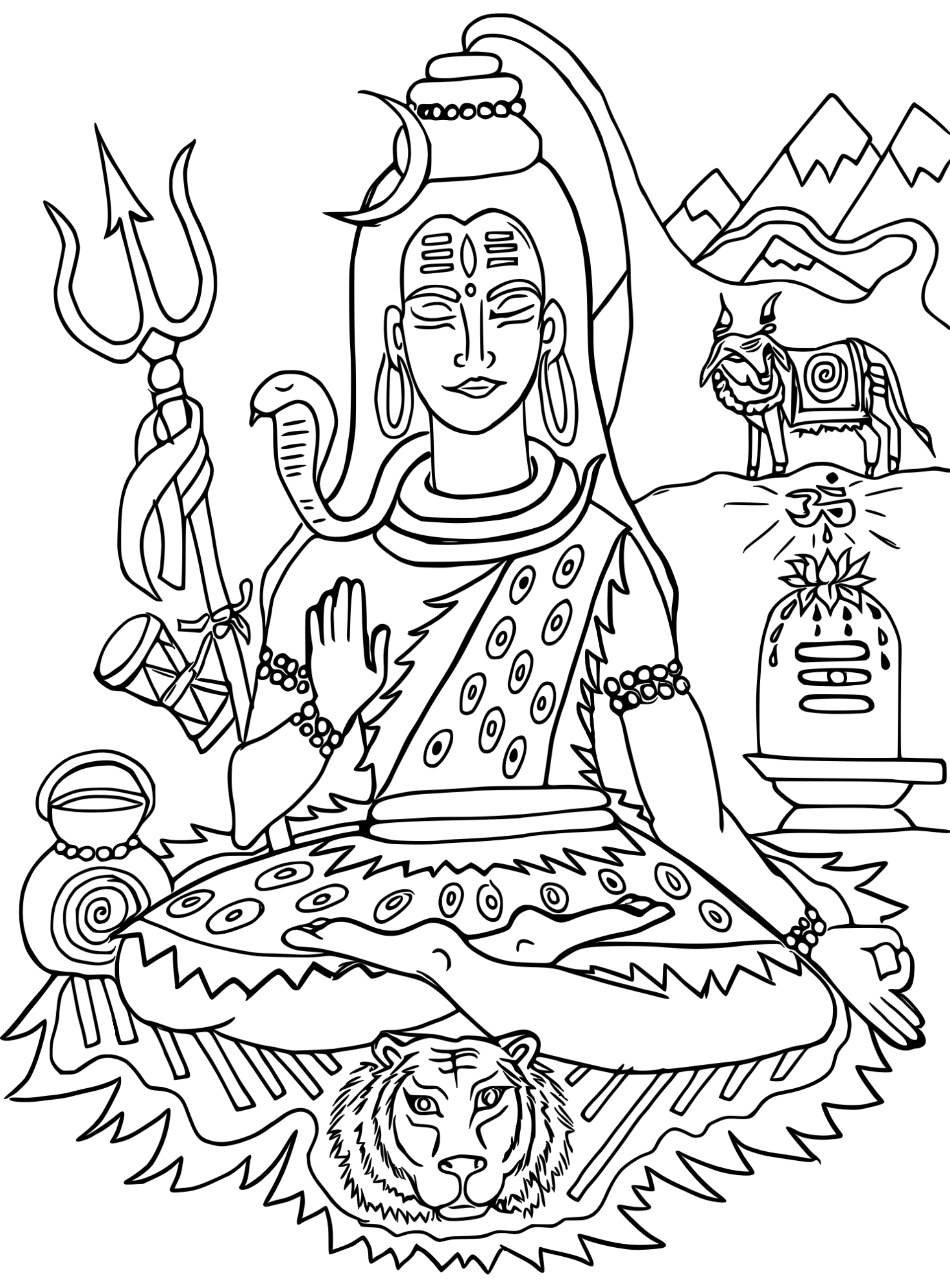 A black and white line illustration of the Lord Shiva, sitting on a tiger, with water pot, trident and snake.  A shiva lingam and his vahana, Nandi in the background with the Himalayan mountains and the Ganges river flowing from Shivas head.