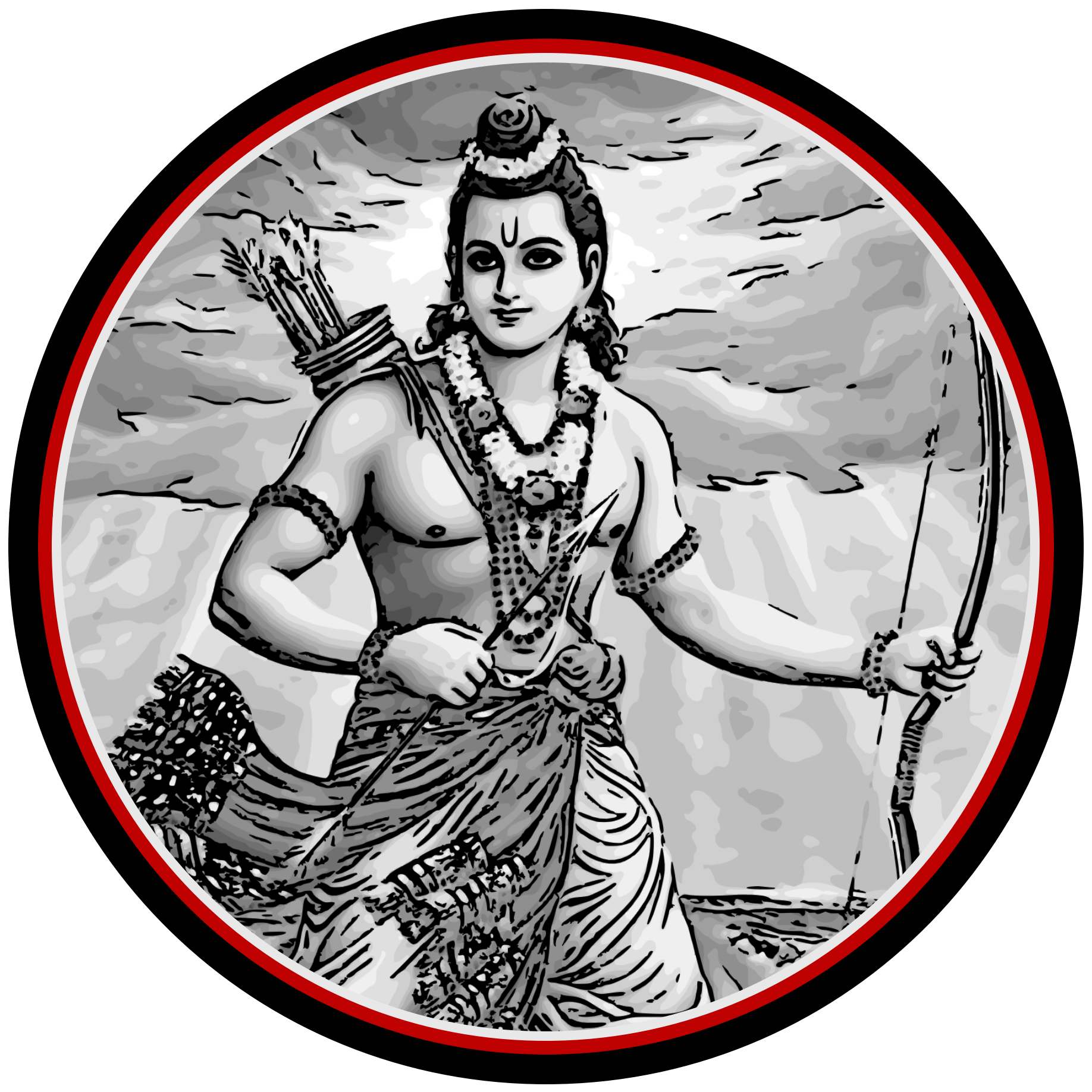 A black and white digital illustration of Lord Rama, a deity from Hindu mythology, depicted holding a bow and arrow, with a background of clouds and mountains, enclosed in a circular frame with a red and white border.