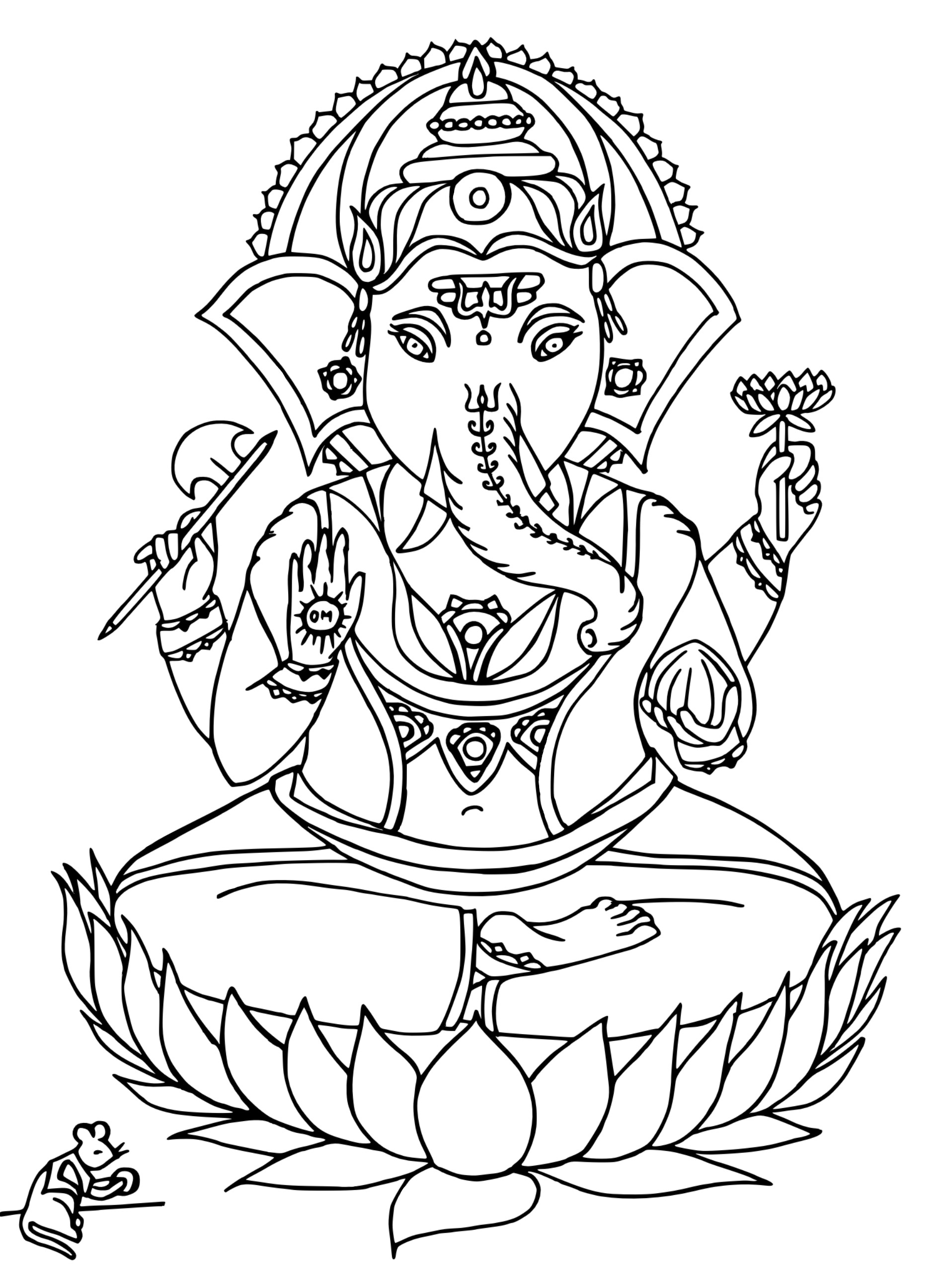 A black and white line drawing of the Hindu God Lord Ganesha with four arms, an axe in one, prasad, no fear mudra and a lotus flower.  Sitting in meditation amongst a lotus with his vahana, Mushika.