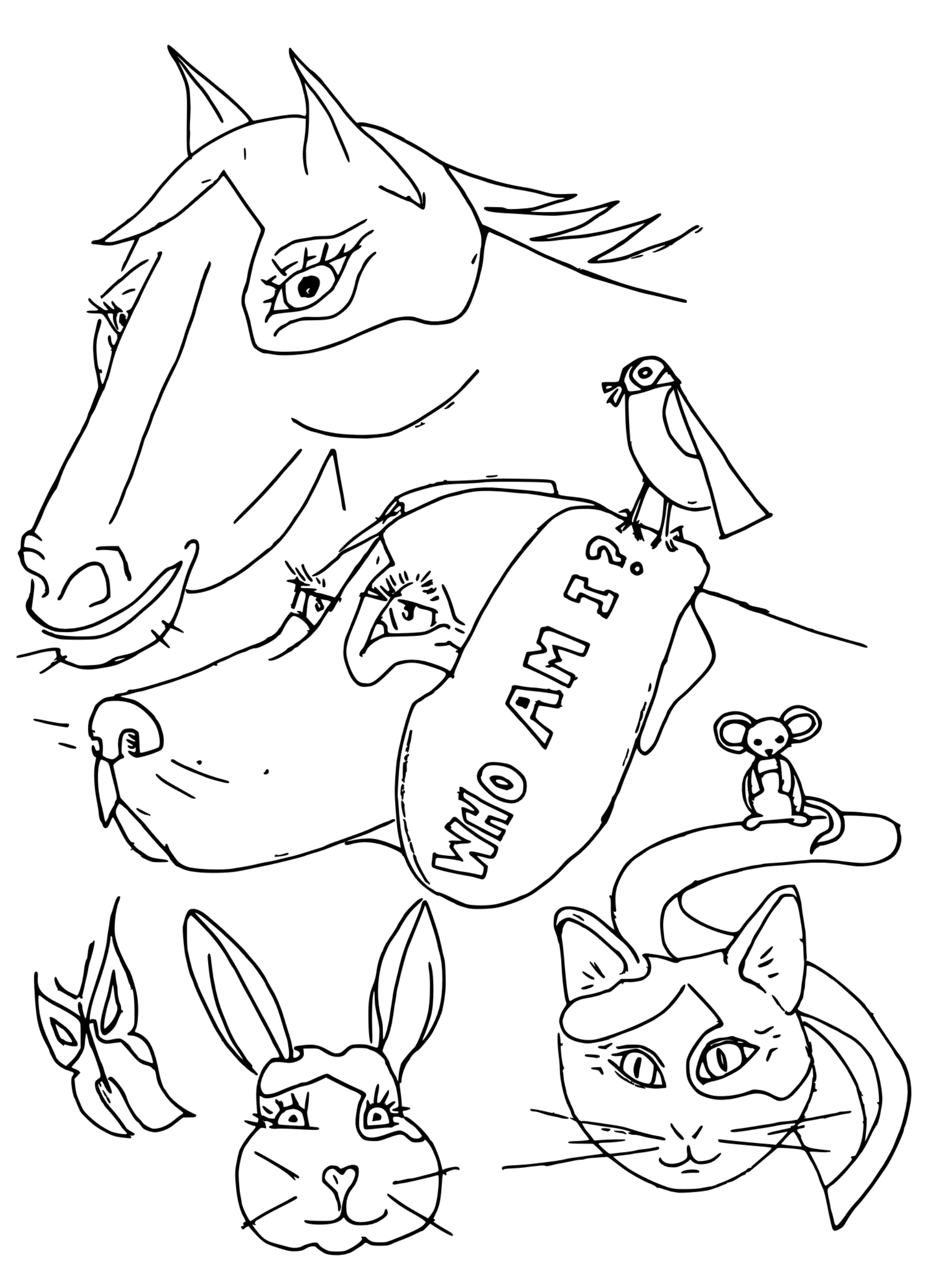 A black and white line drawing illustration of the head of a horse and a dog and a cat and a bunny.  There is also a mouse, a bird and a butterfly.  On the dogs ear is written, "Who am I?" Art inspired by Ramana Maharshi.