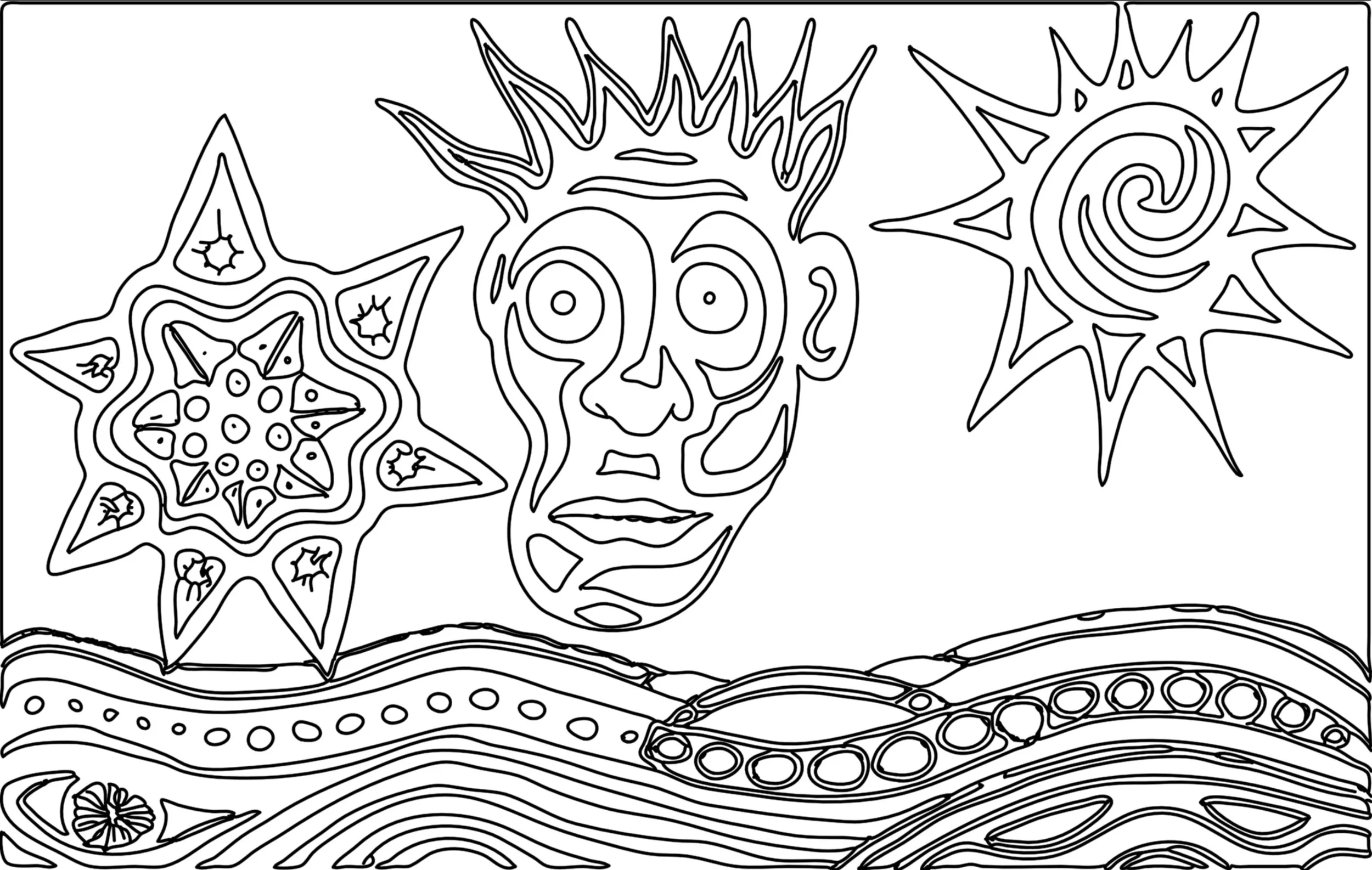 A black and white line drawing depicting water. the sun. the universe. the eye. Titled, God, Guru & Self.
