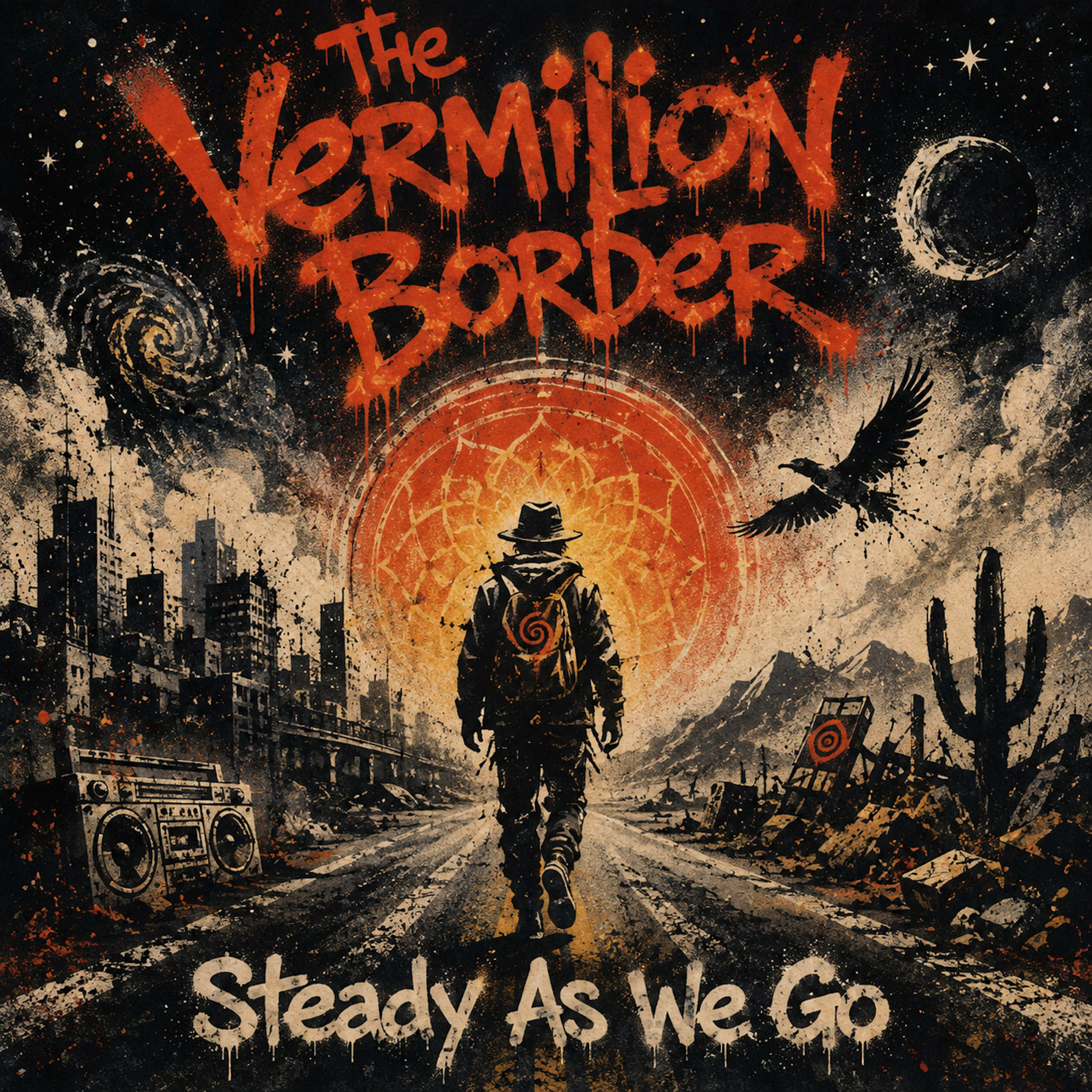 Street scene with graffiti-style text reading "The Vermilion Border" and "Steady As We Go," with a silhouetted figure wearing a hat walking down the road, surrounded by city buildings, stars, and a dark sky.