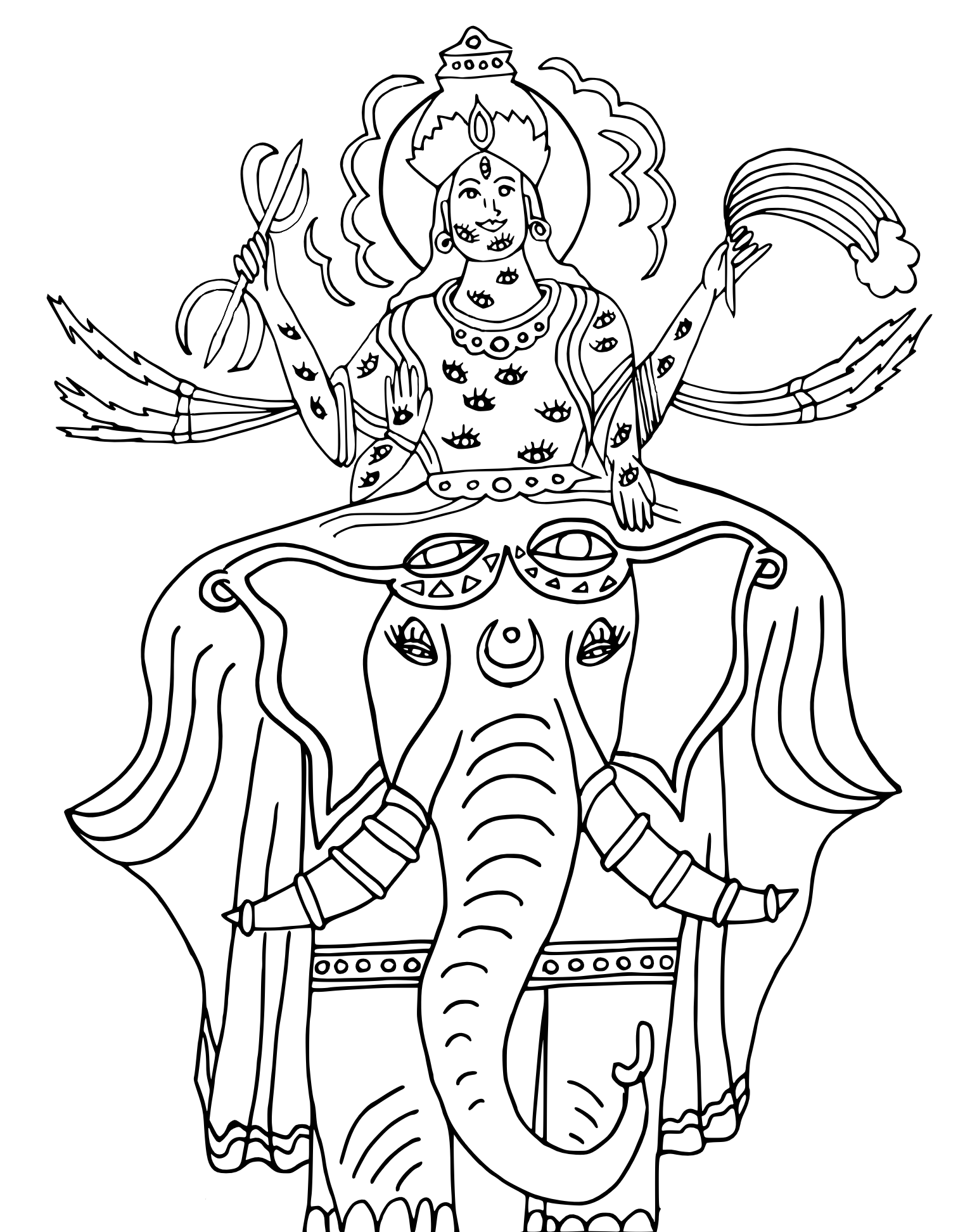 A black and white illustration done of the God of Heaven, Indra who is seen here with their vahana, Airata.  Indra holds a weapon that can create lightening, a lotus flower, a mace and is often depicted with a rainbow.  He has eyes all over his body.