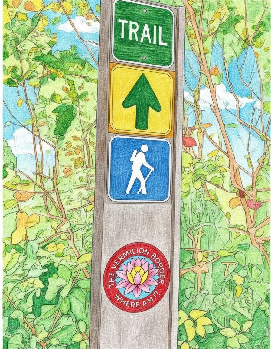 A photograph turned into a black and white line drawing of a trail sign with trees and nature and a sign that says "Where am I?", colored example