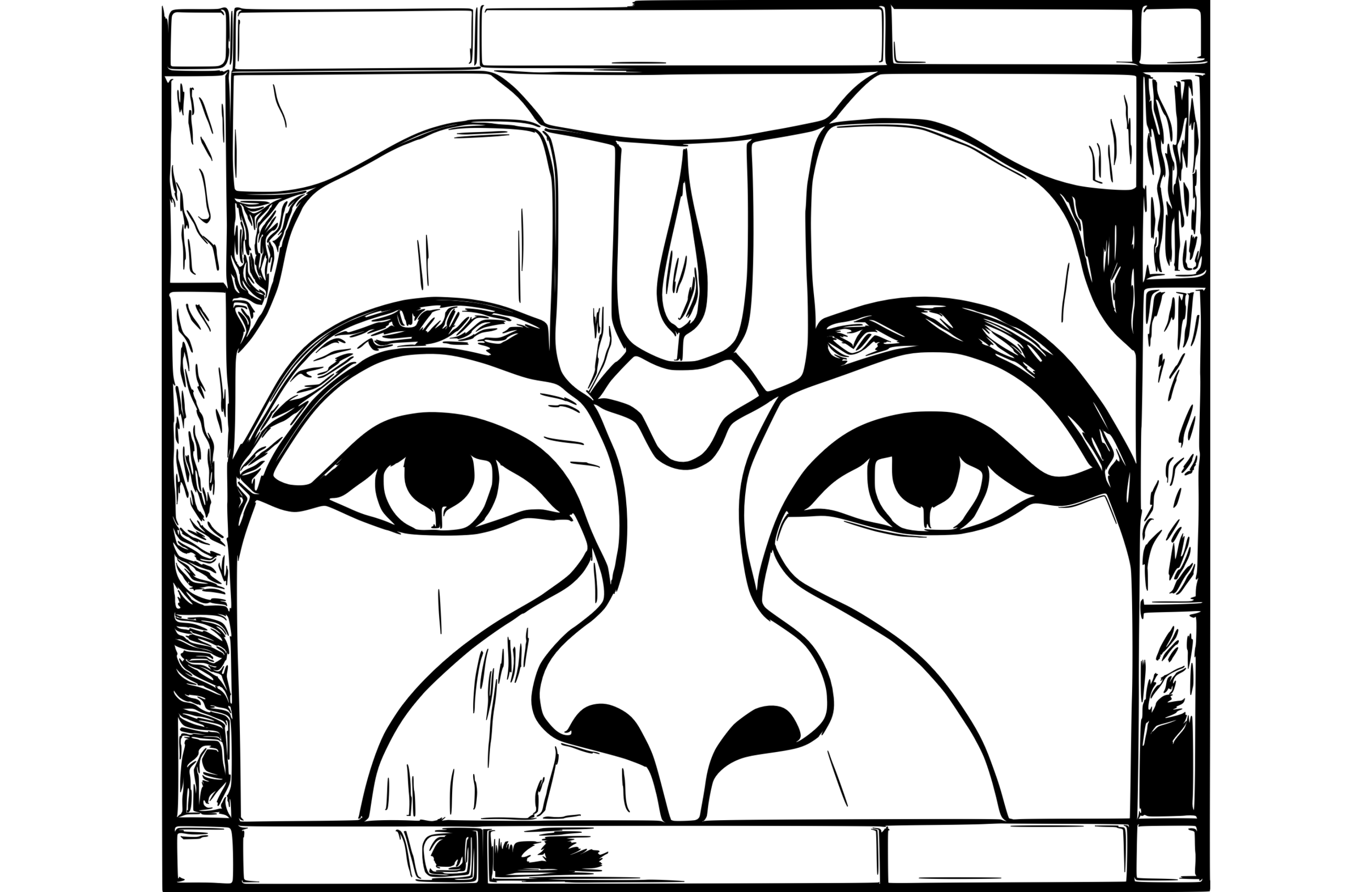 The eyes of the Hanuman Murti in Taos, New Mexico.  Black and white lined image of photograph taken from stained glass at the temple.