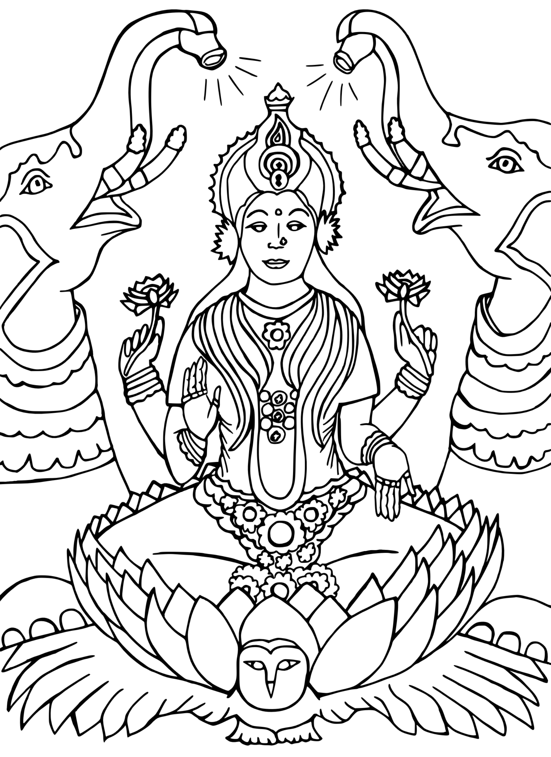 A black and white line drawing of the Hindu goddess Lakshmi of wealth sitting on a lotus flower with two elephants spraying water on her, holding pink lotus flowers in her hands riding her vahana, an owl.