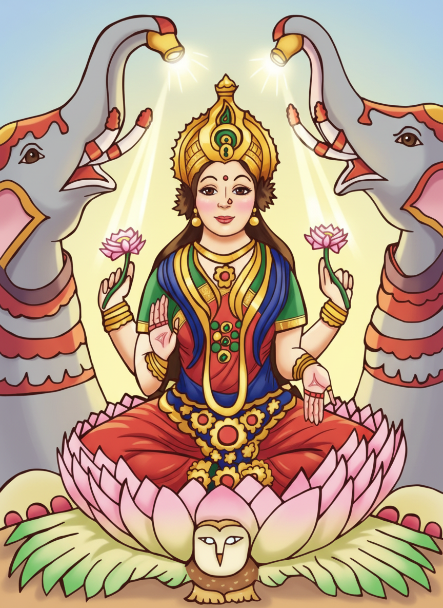 A black and white line drawing of the Hindu goddess Lakshmi of wealth sitting on a lotus flower with two elephants spraying water on her, holding pink lotus flowers in her hands riding her vahana, an owl, colored.