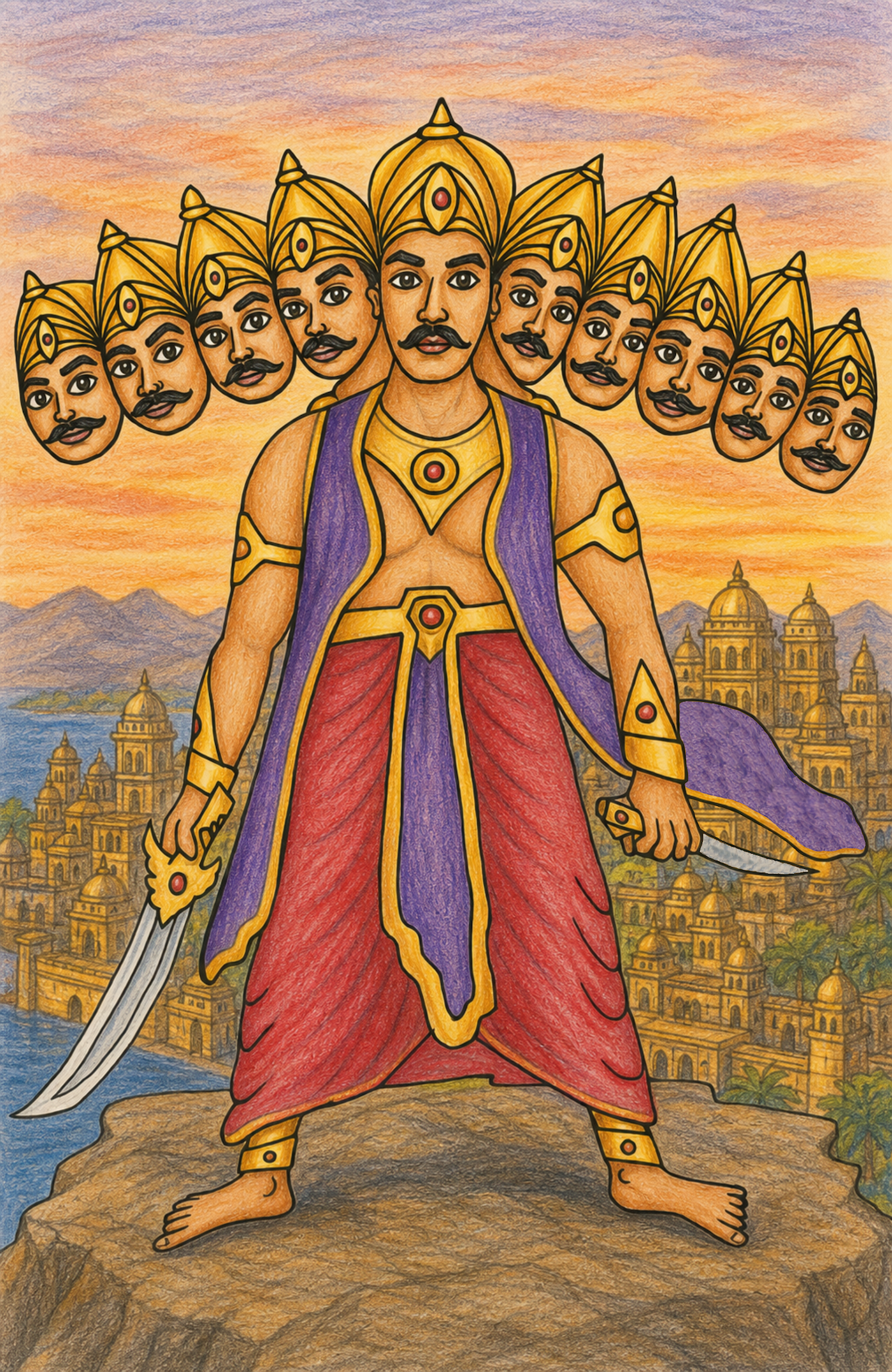 A colorful painting of Ravana with multiple heads, dressed in elaborate royal attire, standing on a rocky outcrop at sunset, with a cityscape and mountains in the background.