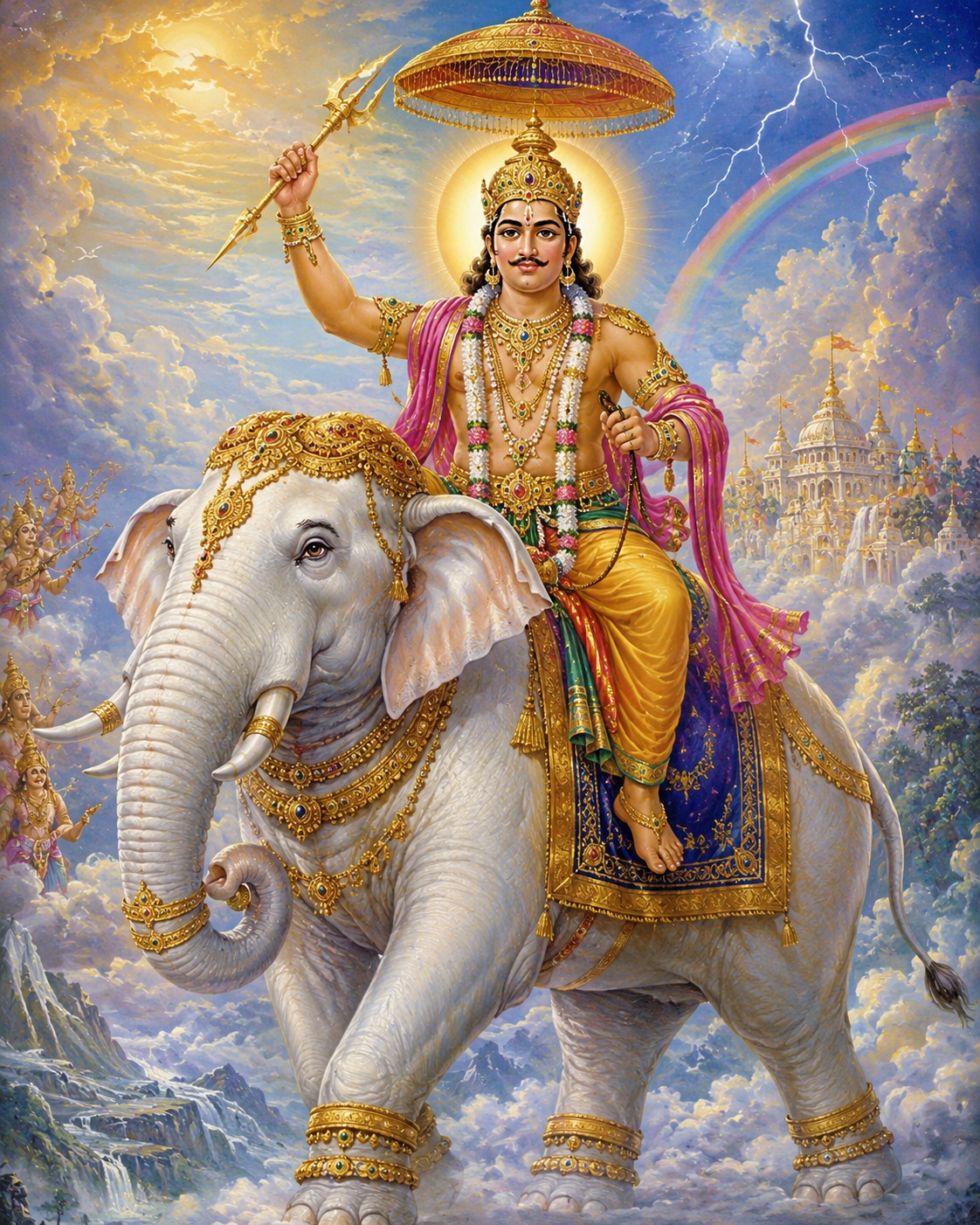 A colorful painting of Indra the Hindu deity, riding on an elaborately decorated elephant amidst a celestial backdrop with clouds, a rainbow, and a cityscape in the distance.
