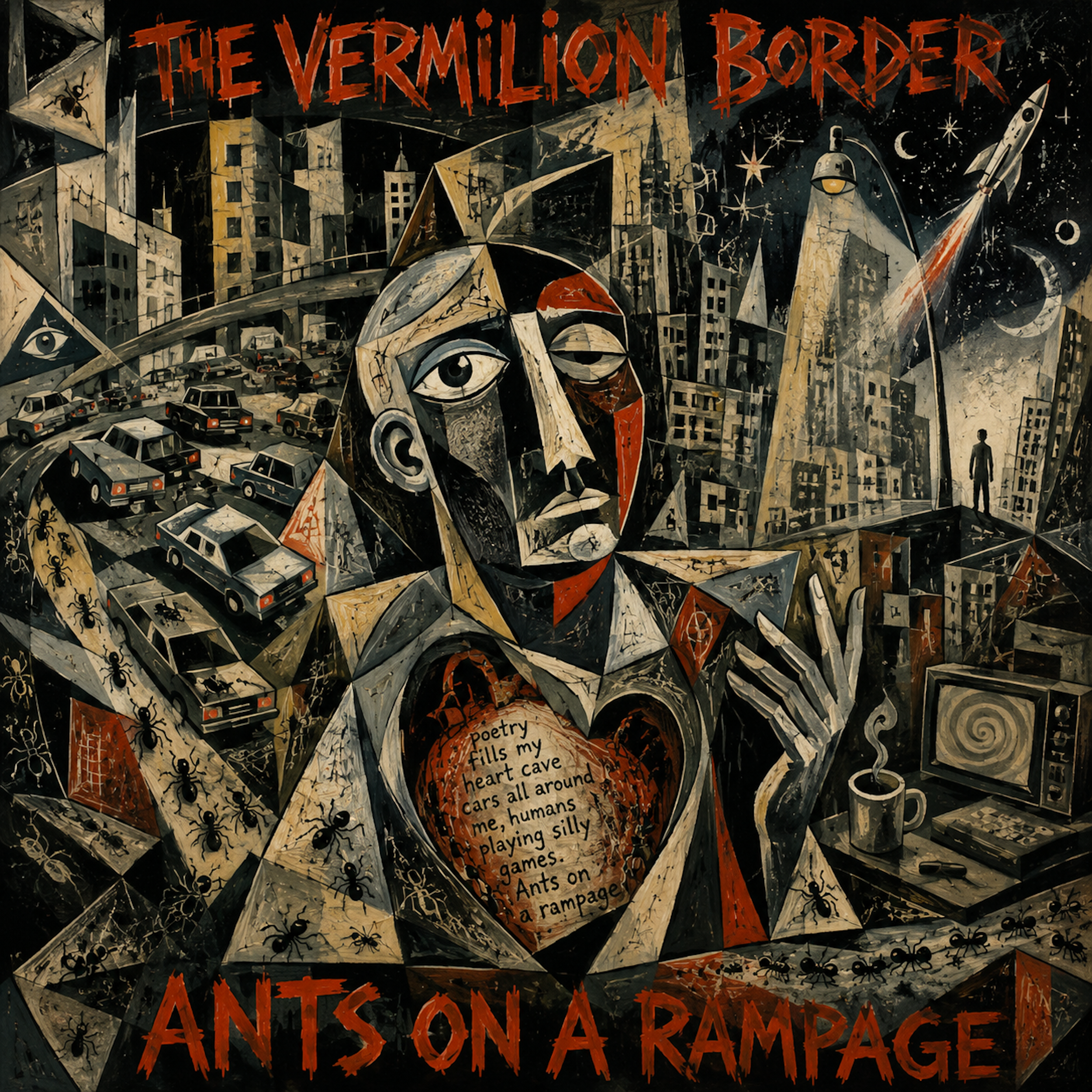 A mural titled 'The Vermilion Border' features a cityscape with tall buildings, some with antennas and spires, under a starry sky with planets and a rocket. A large abstract face with prominent eyes and a spear-like nose dominates the center. The mural contains various illustrations including ants,with a quote reading 'poetry fills my heart cave, cars all around, me, humans, playing silly games'.