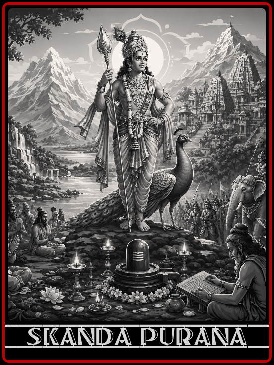 Cover of a book titled 'The Skanda Purana' with an illustration of a seated Hindu deity, likely Lord Skanda, with a blue halo, orange cloth, and jewelry. AKA Kartikeya.