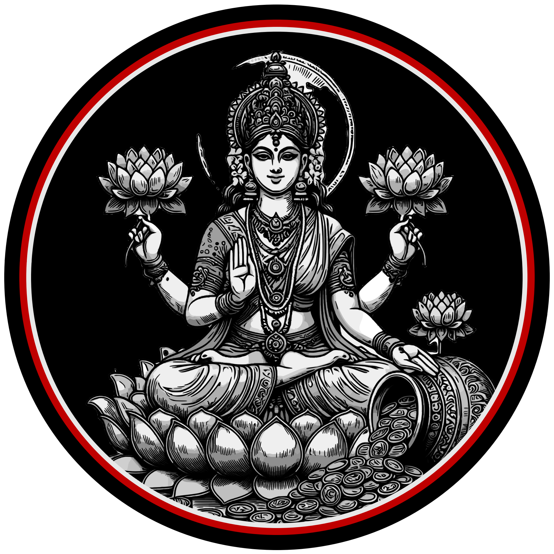 Black and white artistic illustration of the Hindu goddess Lakshmi seated on a lotus flower, holding lotus flowers in both hands, surrounded by a circular border with red and white accents.