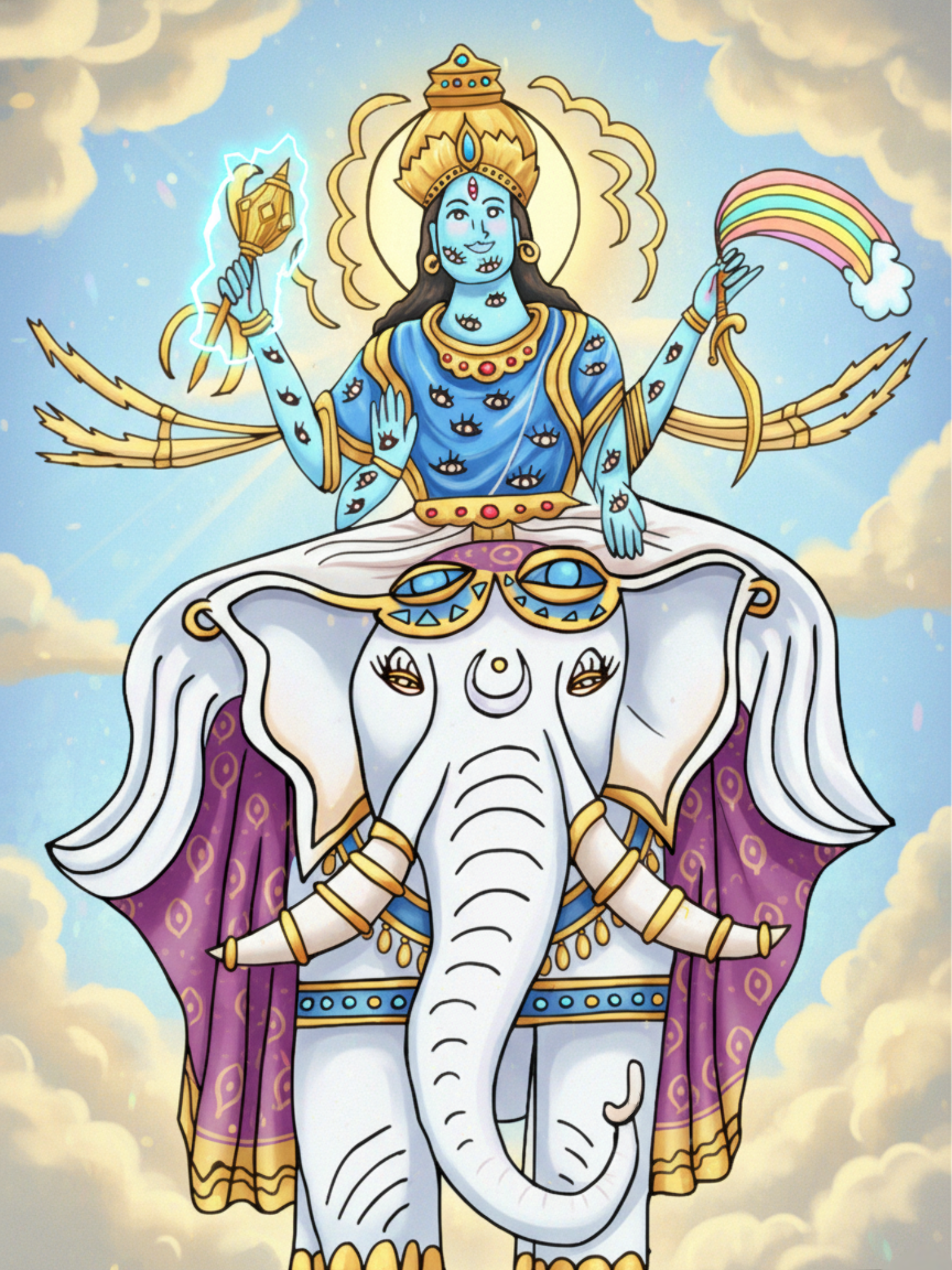 Hindu god Indra with blue skin riding an elephant, holding a rainbow and a lightning bolt, surrounded by clouds.  His body covered in eyes.