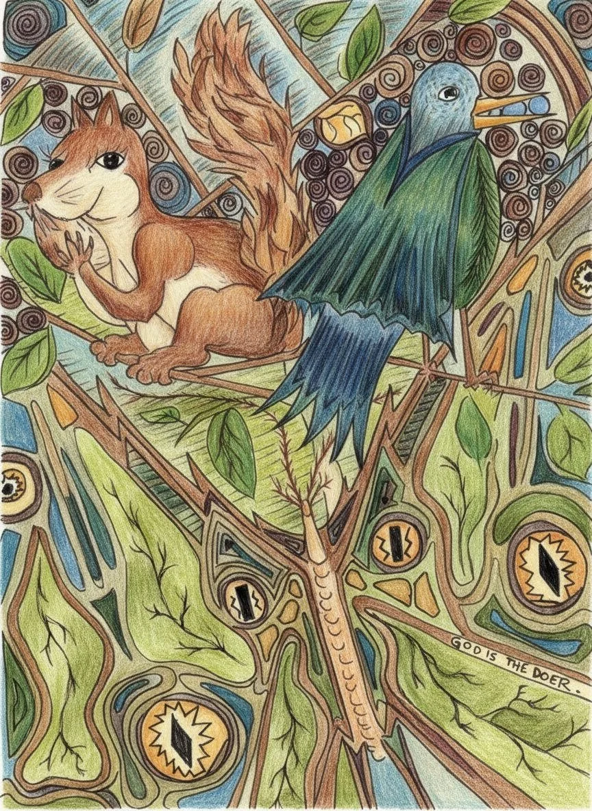 A black and white line drawing illustration of a squirrel and a bird in a tree and a butterfly.  Psychedelic like with the words written, "God is the doer."  Colored.