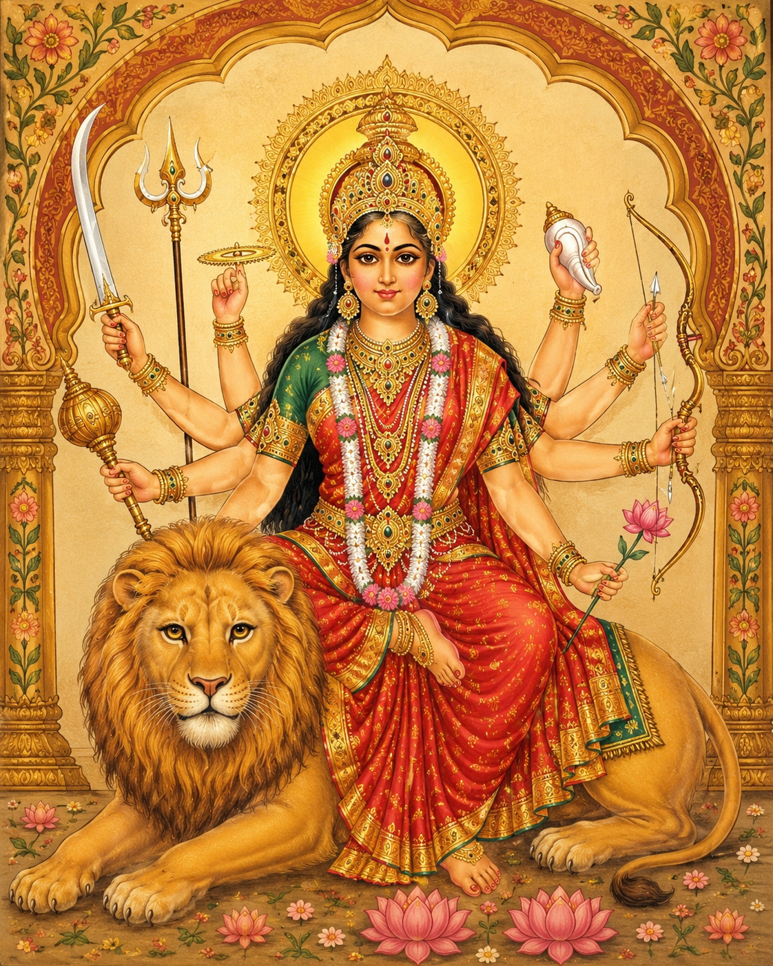 Hindu goddess Durga depicted with multiple arms, holding weapons and objects, seated on a lion, with a decorative golden halo and floral background.