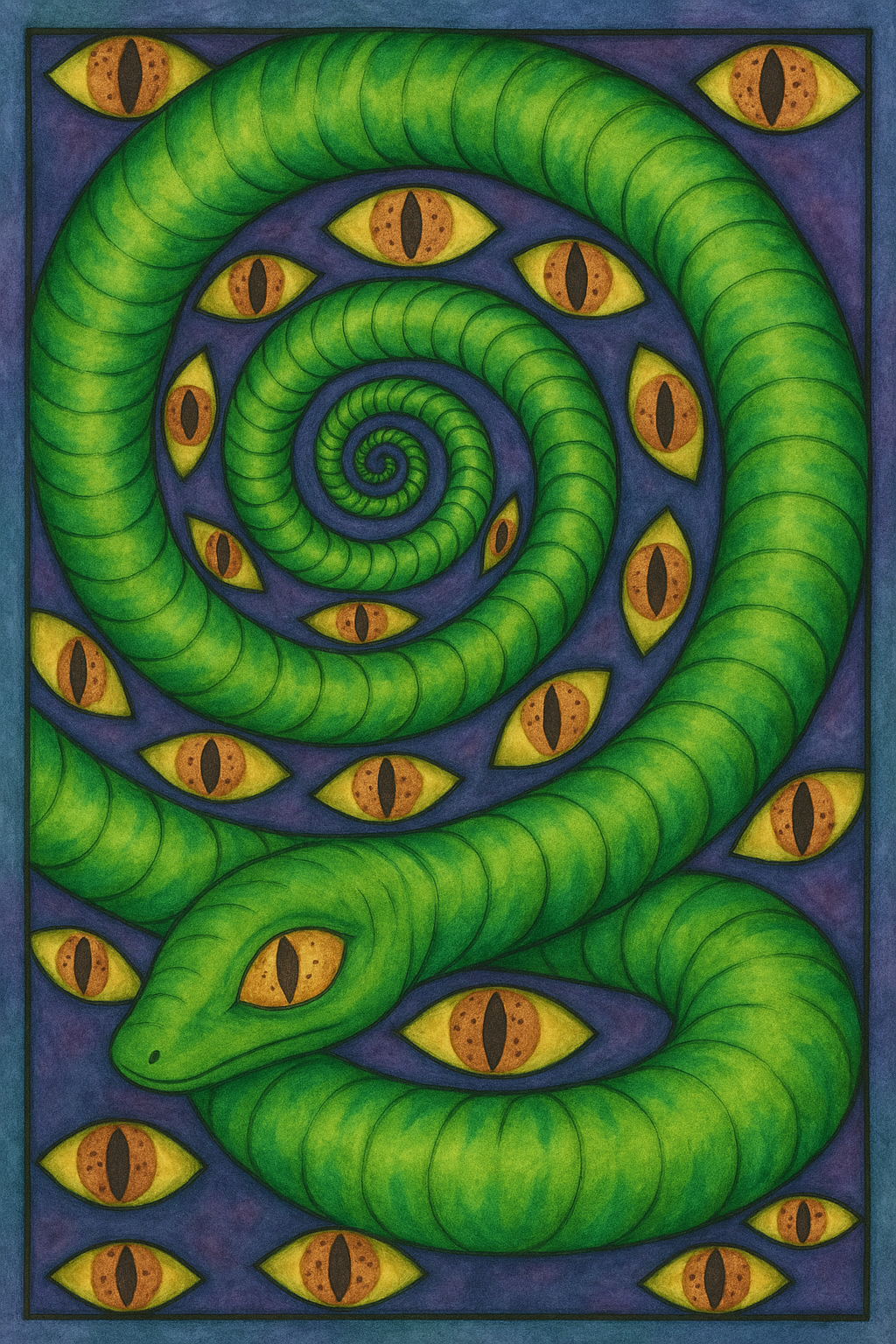 A black and white depiction of a snake with lots of cat-like eyes all around it as it spirals, inspired by the spirit of Grandmother Aya.  The panther.  The serpent.  Peru. Colored.