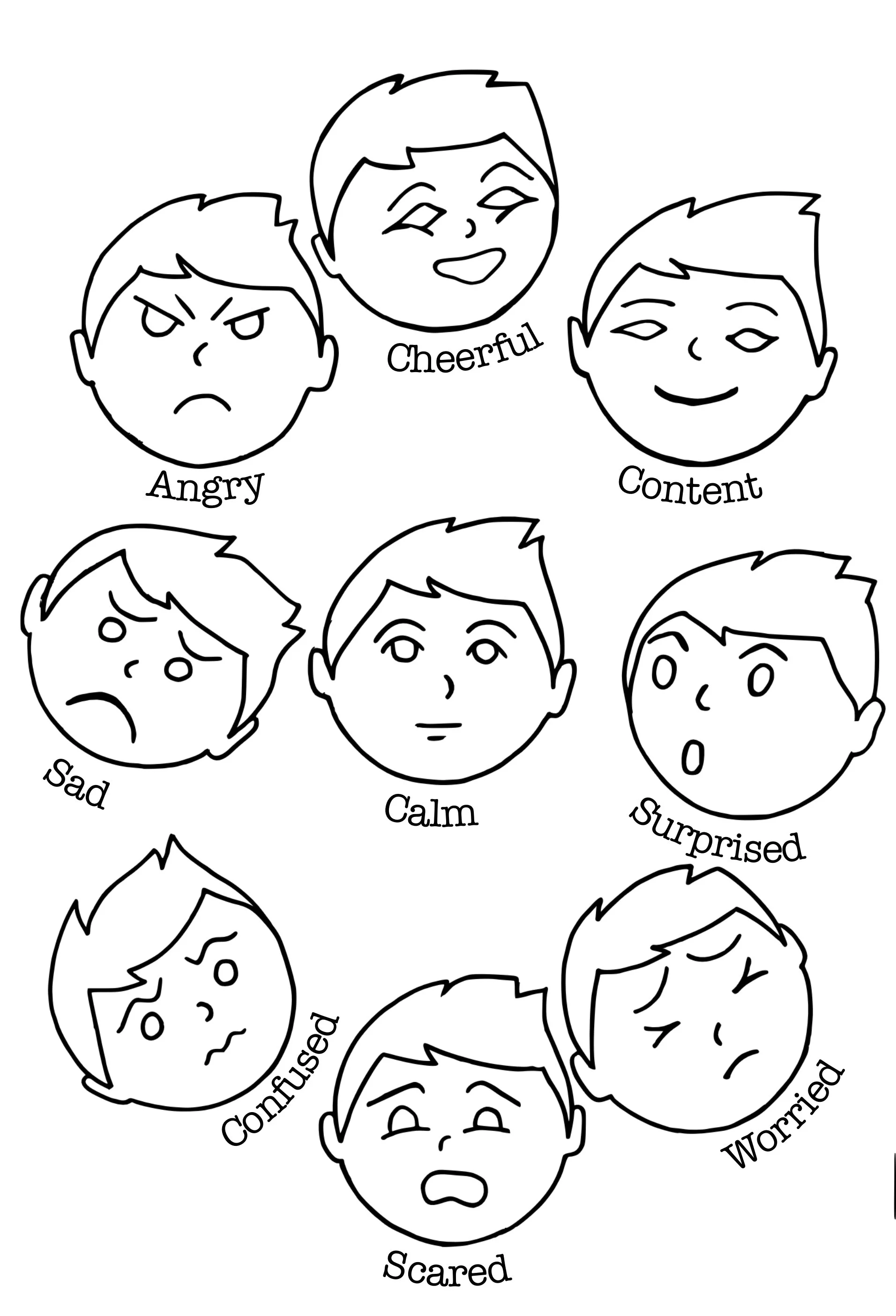 Black and white illustration of a boy's face showing different emotions: angry, cheerful, content, sad, confused, scared, surprised, worried, and disappointed.