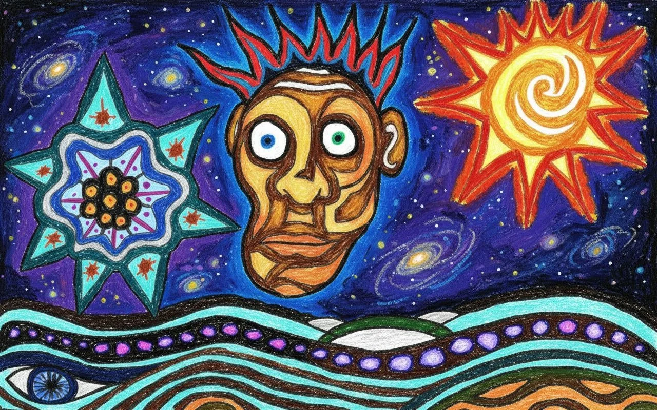 A black and white line drawing colored depicting water. the sun. the universe. the eye. Titled, God, Guru & Self.