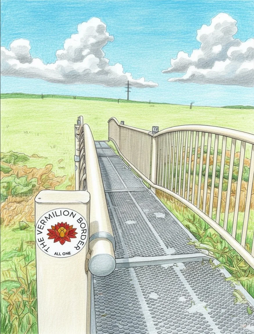 A photograph turned into a black and white line drawing of a bridge going to a field with a sticker that says "All One", colored example