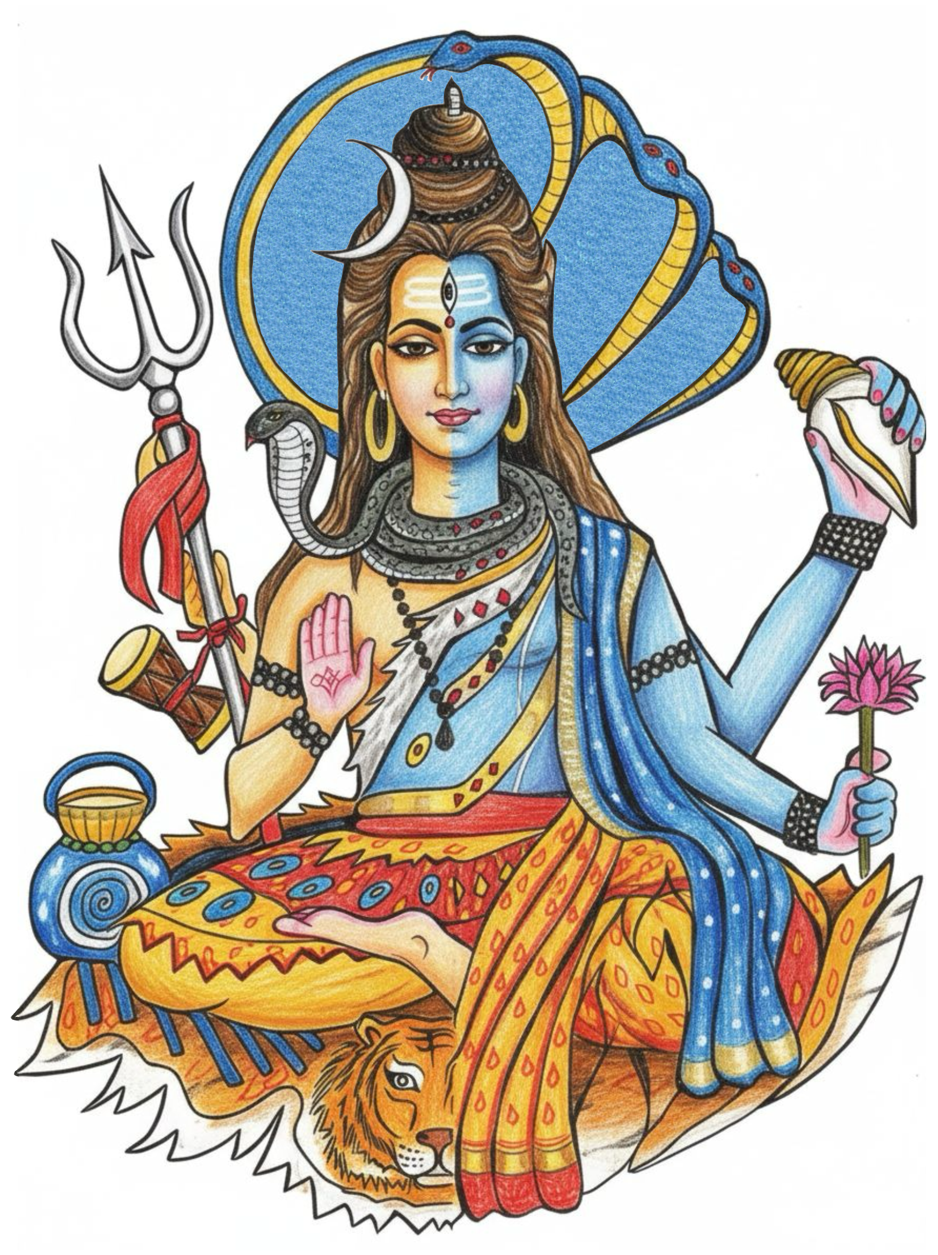 A black and white drawing illustration colored in of a person meditating in a seated cross-legged position, depicted as Shiva as one half the body and Vishnu the other half.