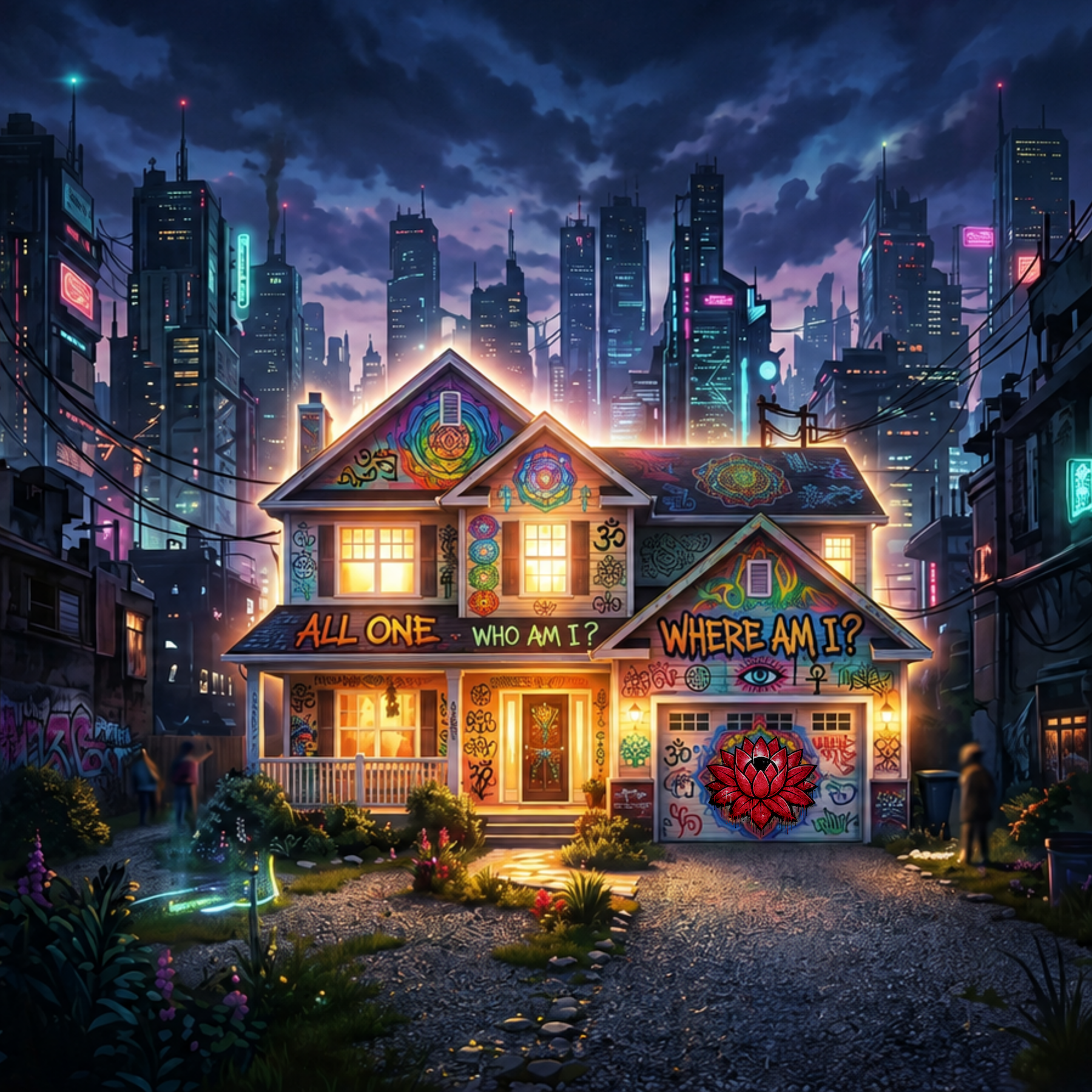 A house decorated with colorful, intricate artwork and symbols, with illuminated windows in an urban setting at night. The house has a large, glowing red lotus flower on its garage door and words like 'ALL ONE,' 'WHO AM I?' and 'WHERE AM I?' painted on the roof. The background features a city skyline with tall skyscrapers and dark, cloudy sky.