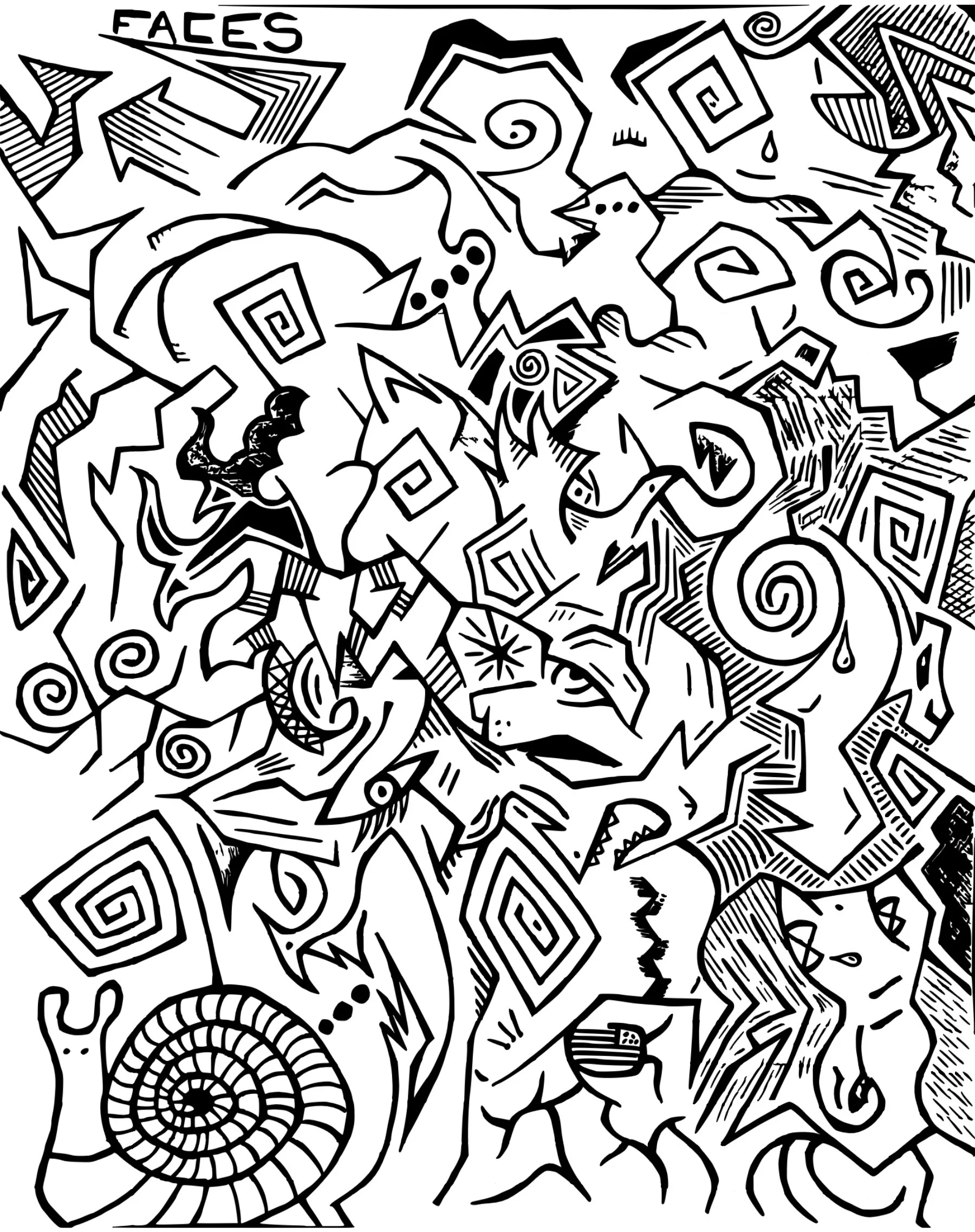 A black and white line drawing of multiple different faces all fitting together to make illustration.  A snail. A cat. A dog.  An astronaut.