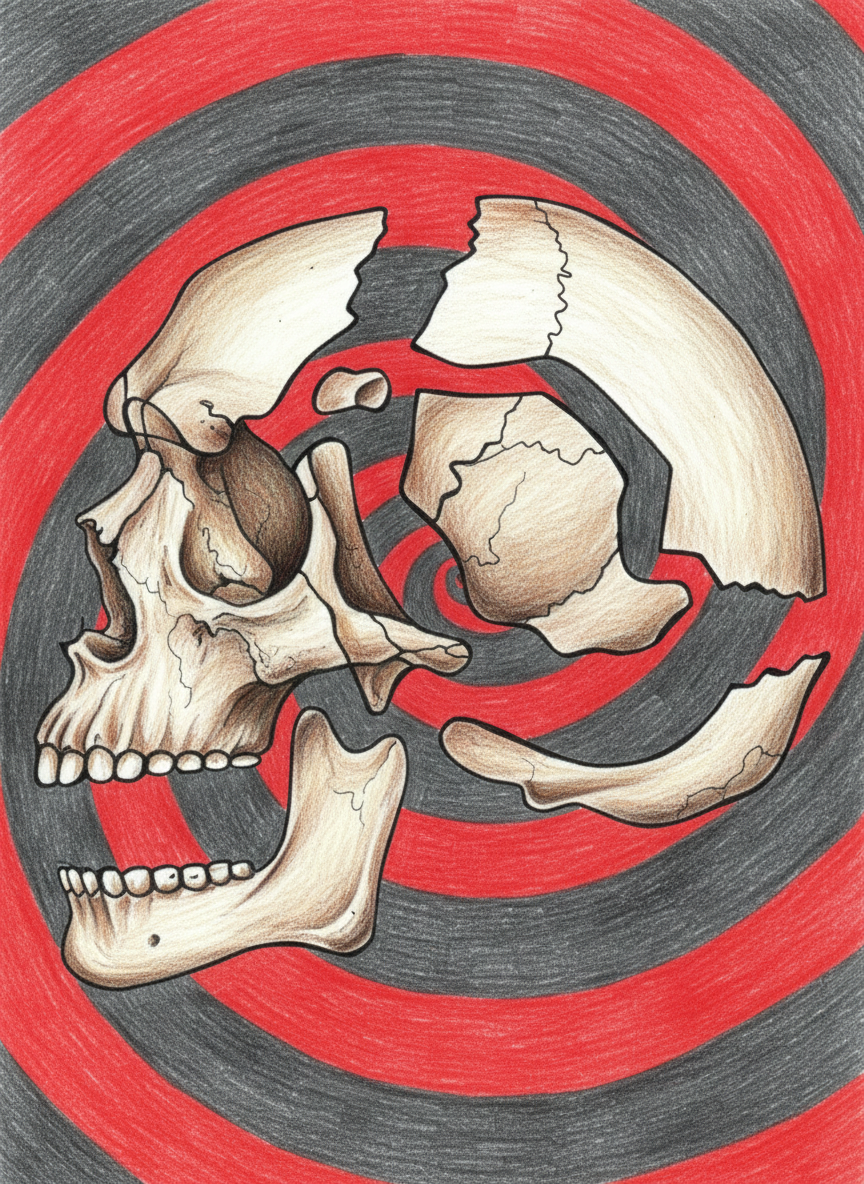 A line drawing of the skull "exploded" in all it's separate pieces, side view, colored with a red and grey spiral behind it.