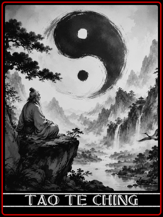 A monk meditating on a large rock in a traditional Chinese landscape with mountains, waterfalls, and trees, under a large yin-yang symbol in the sky, with the words 'TAO TE CHING' at the bottom.