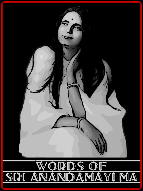 Book cover titled 'Words of Sri Anandamayi Ma' with a portrait of Sri Anandamayi Ma in white attire, decorative purple borders, and a circular emblem at the top.