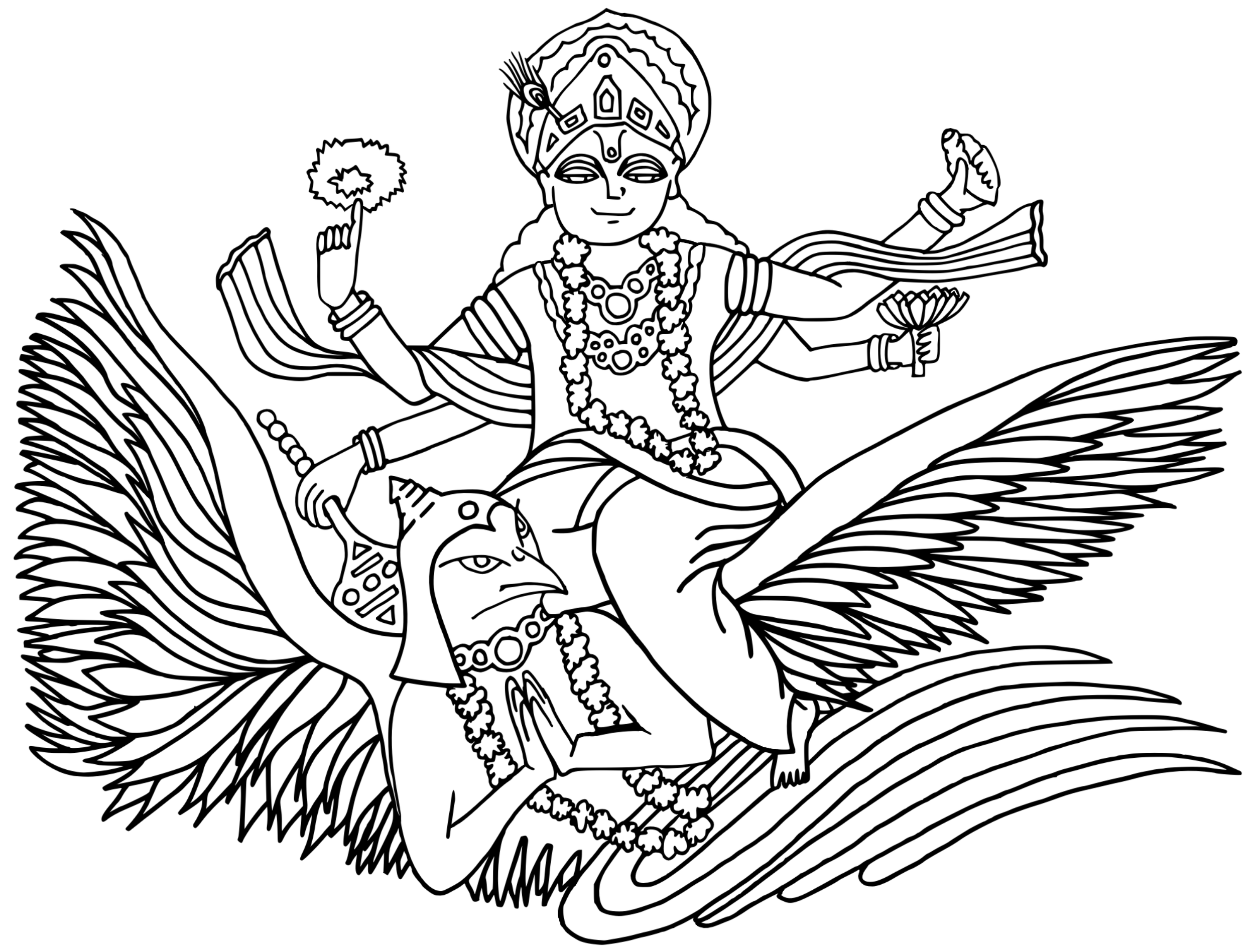 a black and white line drawing image of Vishnu flying on the back of his eagle vehicle named Garuda.  Garuda has their hands in prayer positions and Vishnu has all his weapons in his hand.  A conch.  A lotus.  A mace.  A thunderbolt maker