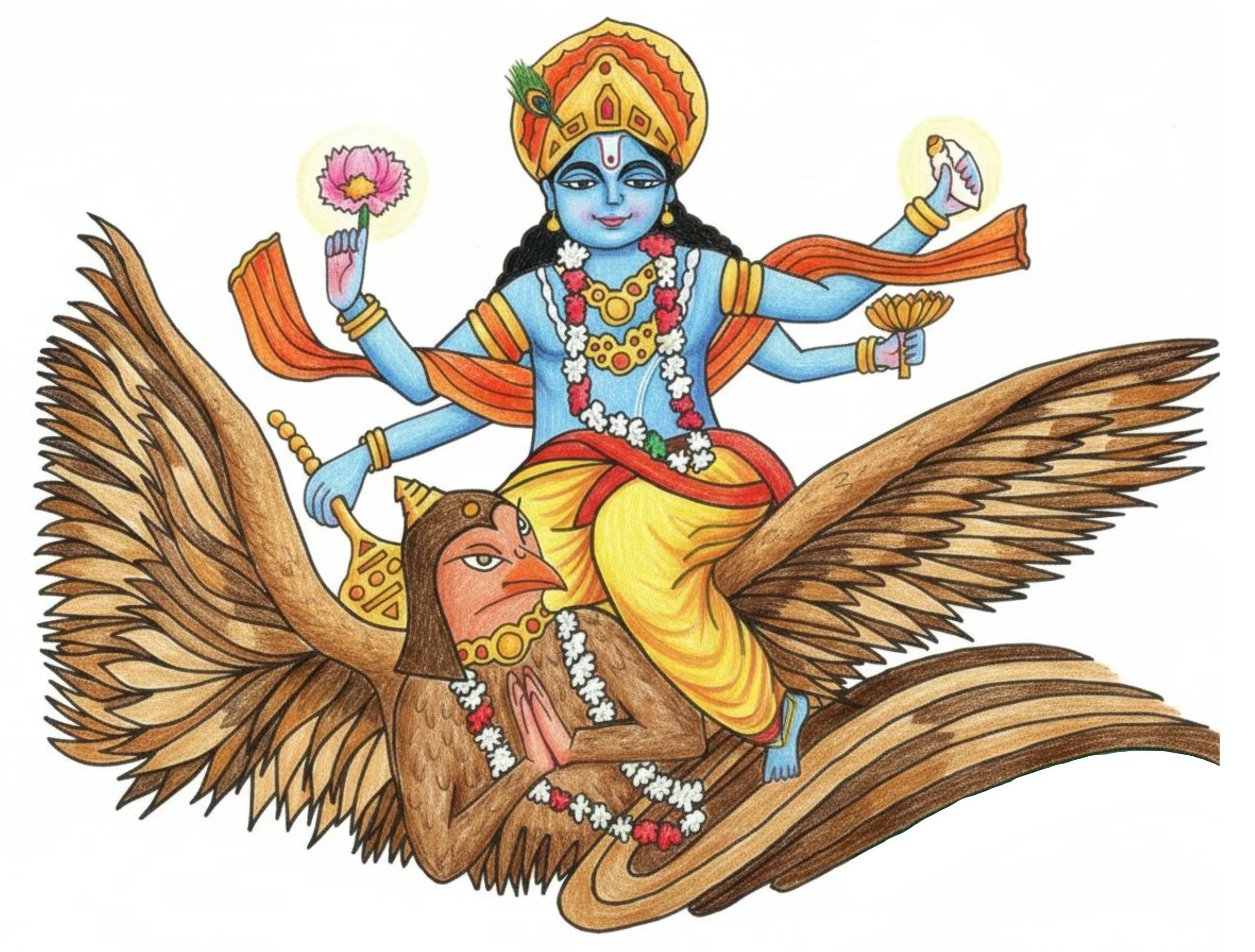 a colorful image of vishnu flying on the back of his eagle vehicle named Garuda.  Garuda has their hands in prayer positions and Vishnu has all his weapons in his hand.  A conch.  A lotus.  A mace.  A thunderbolt maker