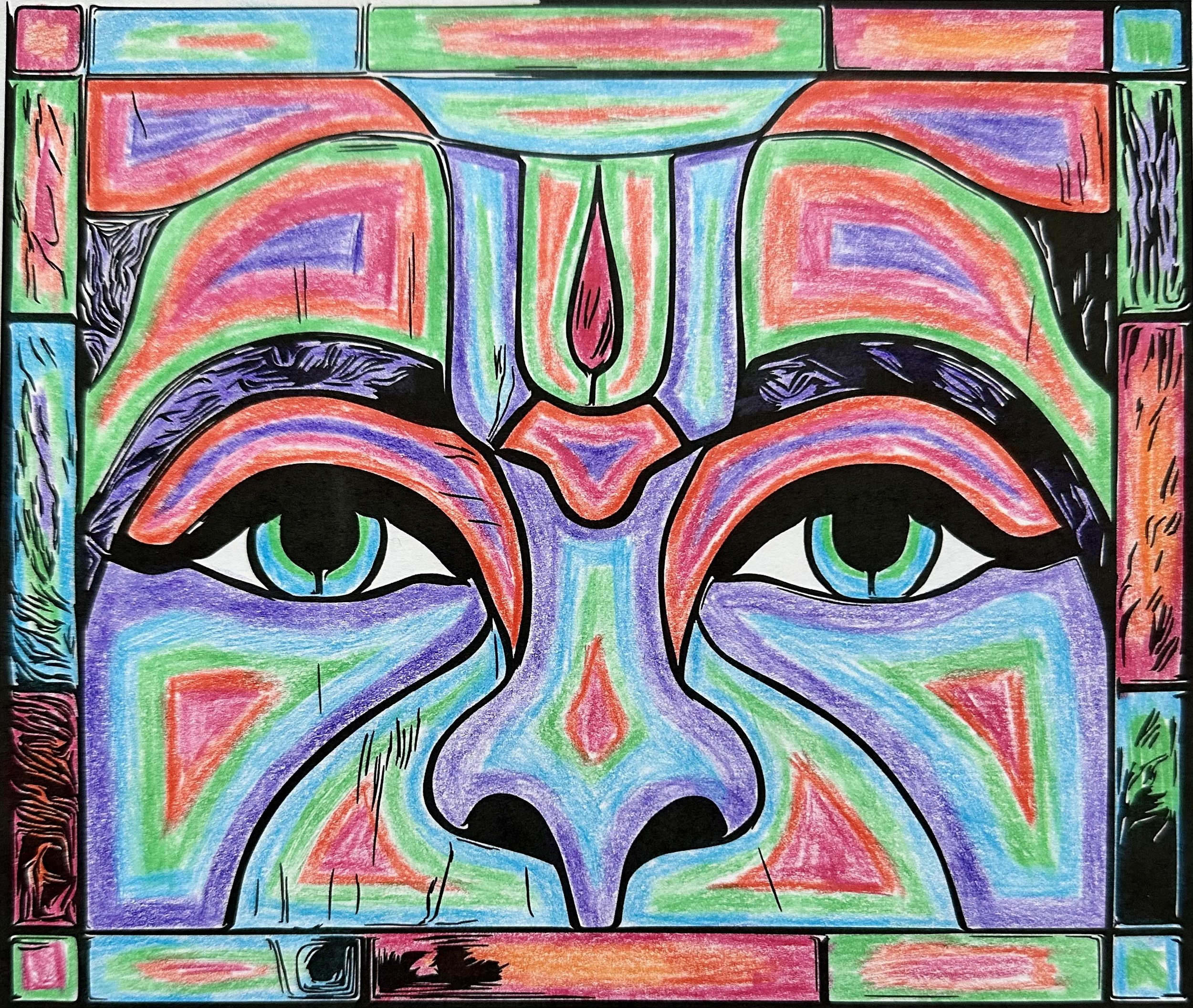 The eyes of the Hanuman Murti in Taos, New Mexico.  Black and white lined image of photograph taken from stained glass at the temple, colored.