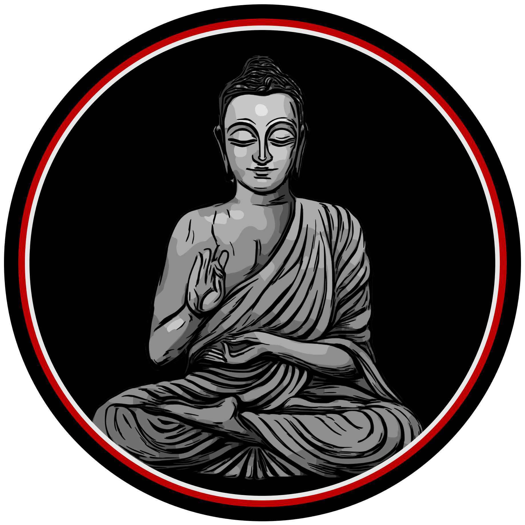 The Buddha picture with artistic vector, red, white and black lined circle around the image.Spirituality resource page profile for The Vermilion Border
