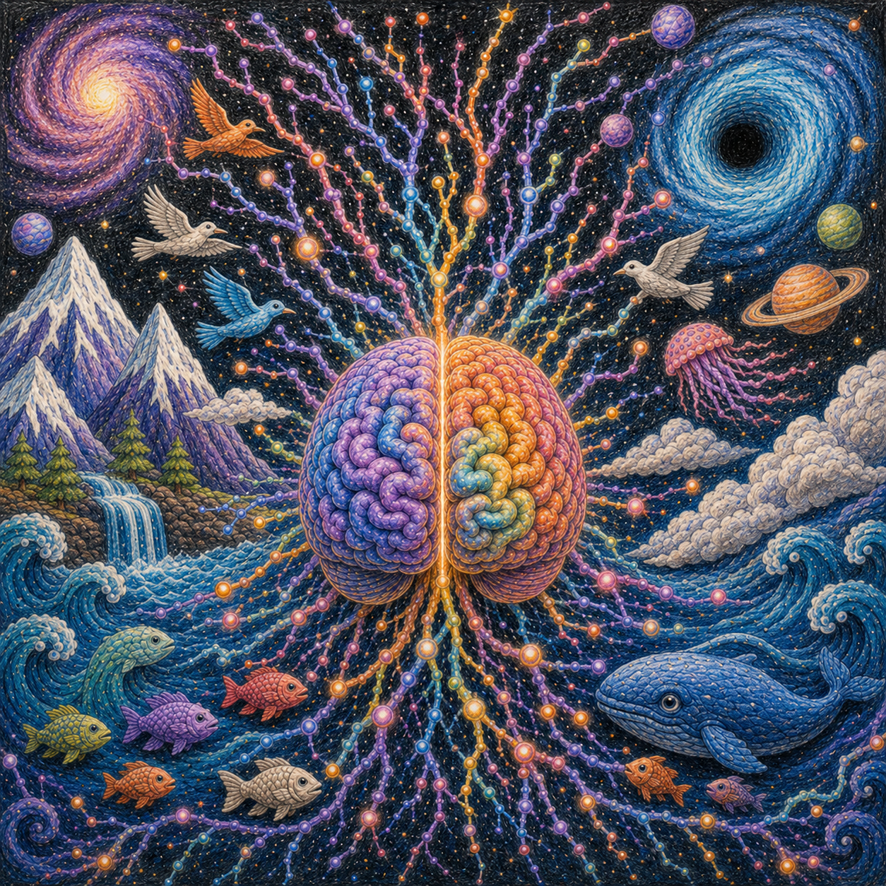 A colorful, surreal illustration of a human brain at the center, with intricate patterns resembling neural networks radiating outward. Surrounding the brain are various elements of nature and space, including mountains, waterfalls, clouds, fish, birds, planets, a black hole, a galaxy, and a jellyfish, all depicted in vibrant, vivid colors.