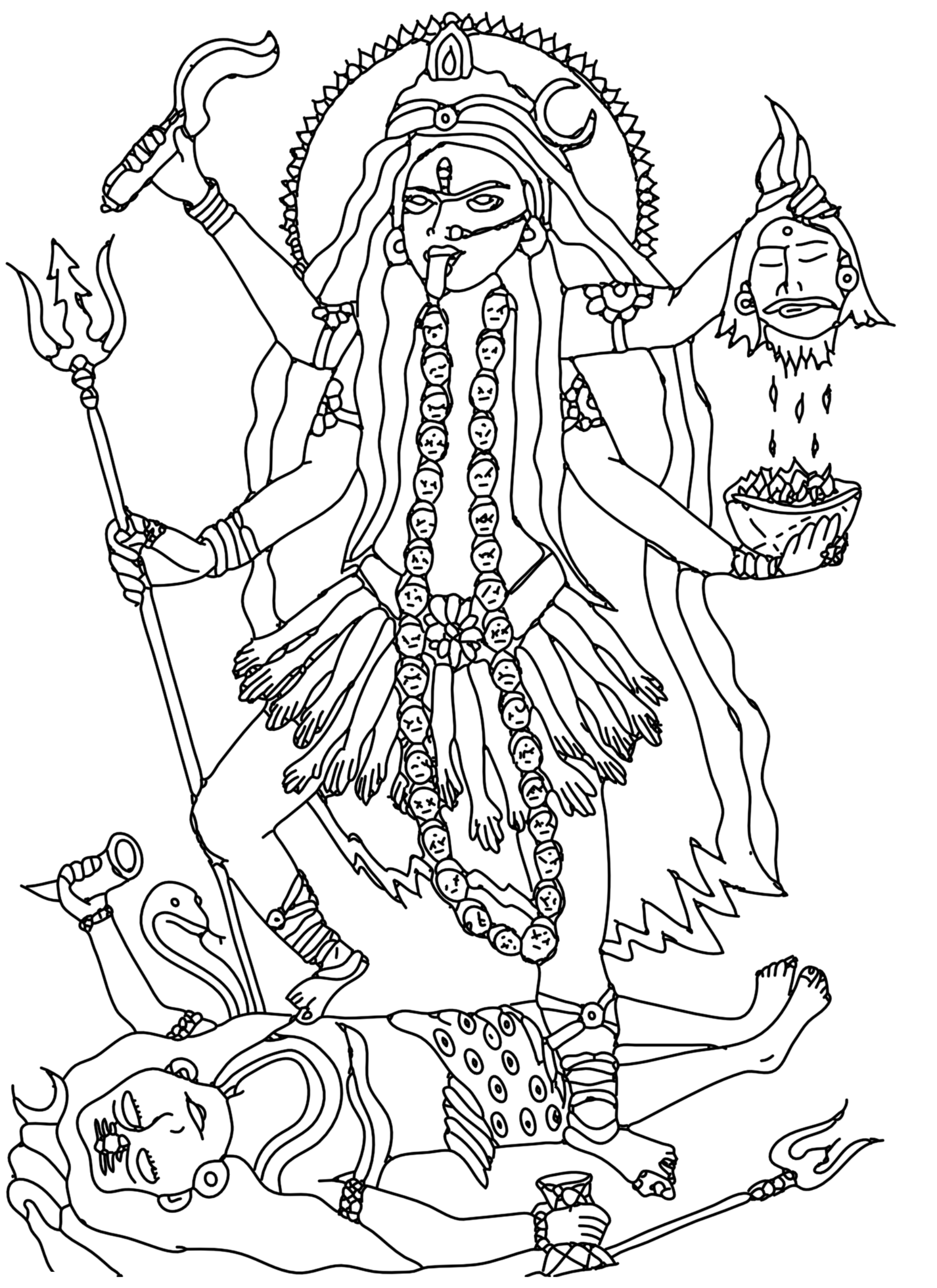 A black and white line drawing of the Hindu Goddess Kali, she has her tongue out, has a garland of human heads and is holding a severed head in her hand.  She wears a skirt of arms and she has one foot on her consort, Lord Shiva
