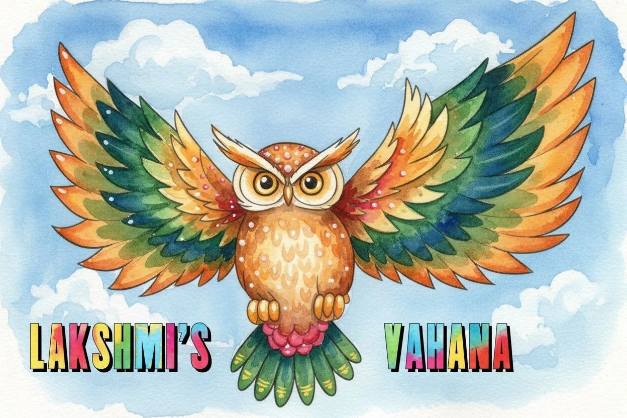 A black and white line drawing of an owl with big eyebrows and wings spread wide facing forward with the words "Lakshmi's Vahana" in block lettering, colored.  