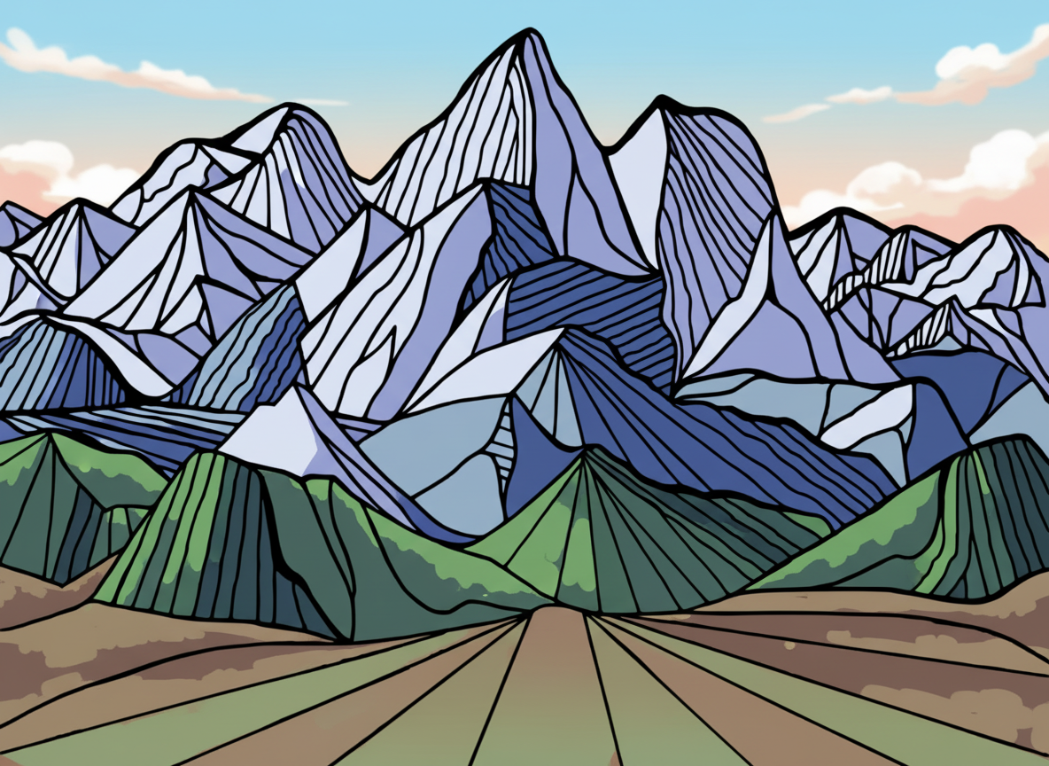 A black and white line drawing with a computer feel, blocky, geometric, perspective, original art drawn from the Himalayan mountains, colored.