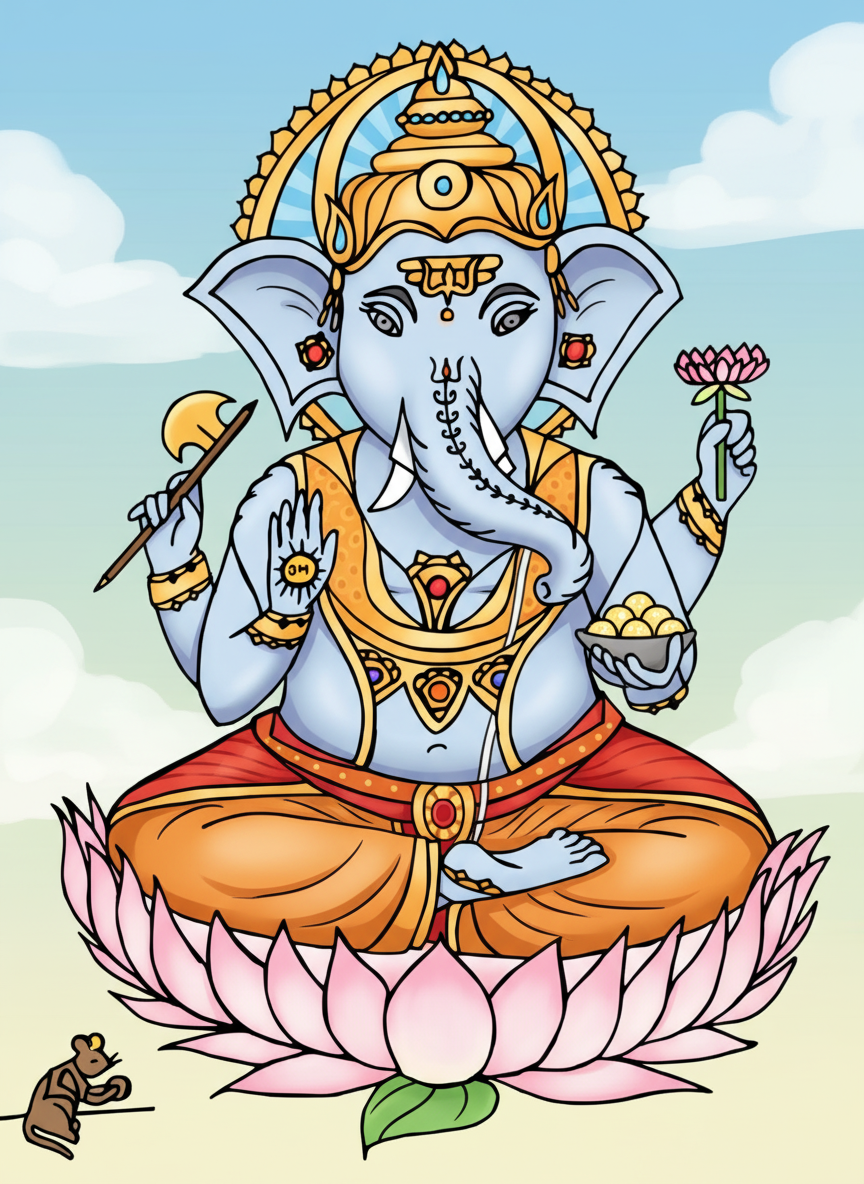 A black and white line drawing of the Hindu God Lord Ganesha with four arms, an axe in one, prasad, no fear mudra and a lotus flower.  Sitting in meditation amongst a lotus with his vahana, Mushika.