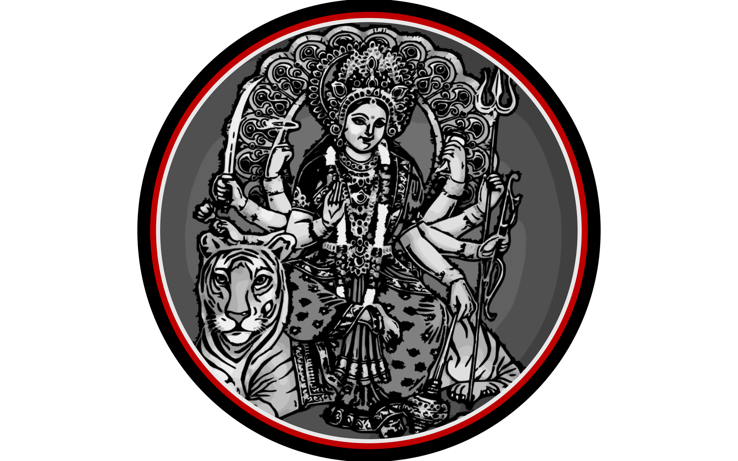 Durga picture with artistic vector, red, white and black lined circle around the image.Spirituality resource page profile for The Vermilion Border