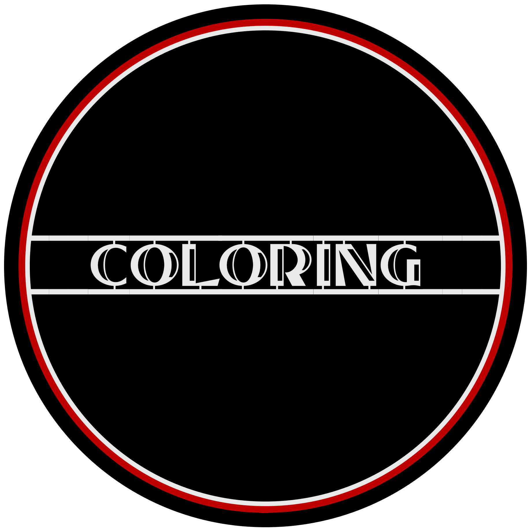 Black circle with red and white lines and the word Coloring in the Middle