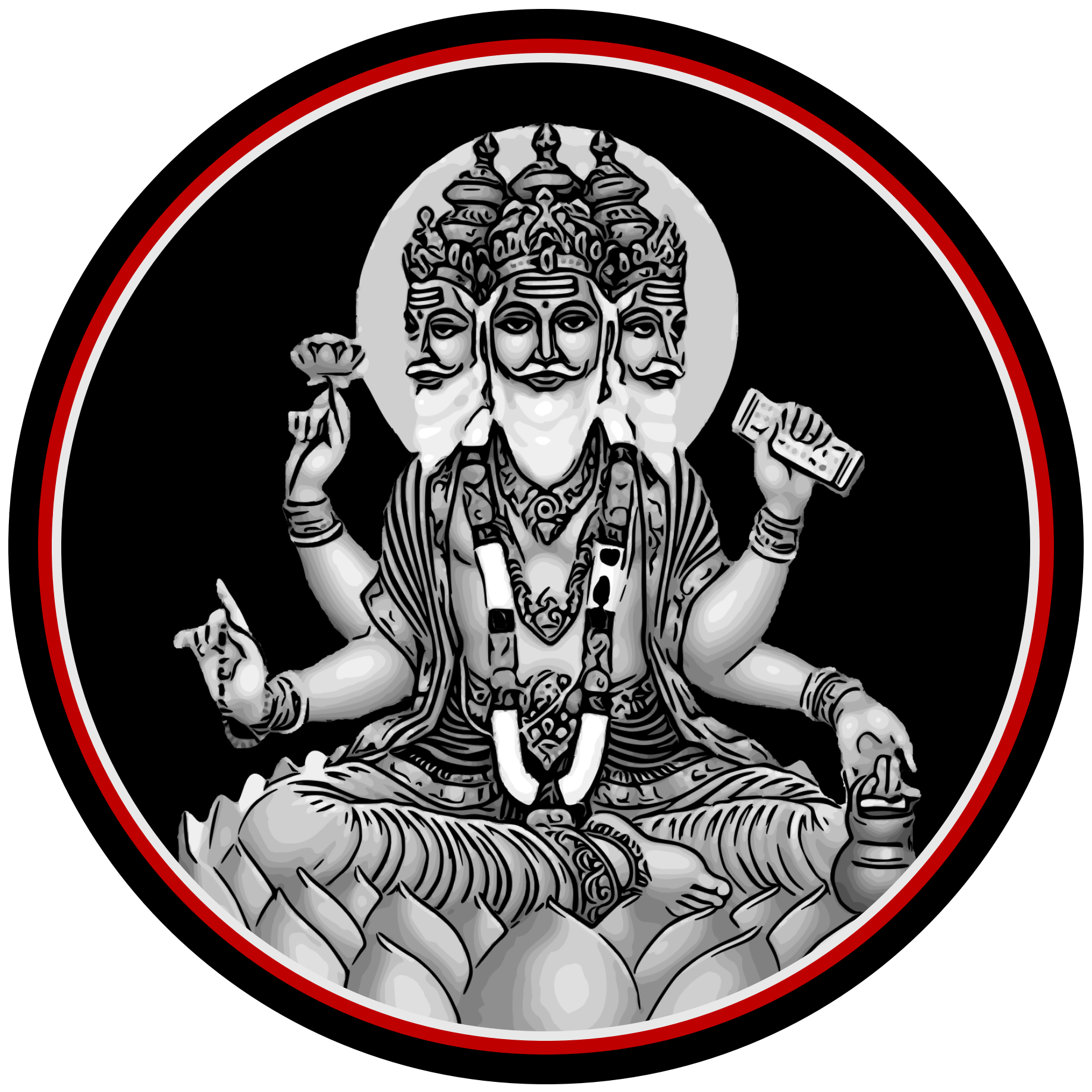 Black and white illustration of Brahma, a multi-headed deity with three faces, sitting in a meditative pose, adorned with jewelry, surrounded by a circular border with red, white, and black outlines.